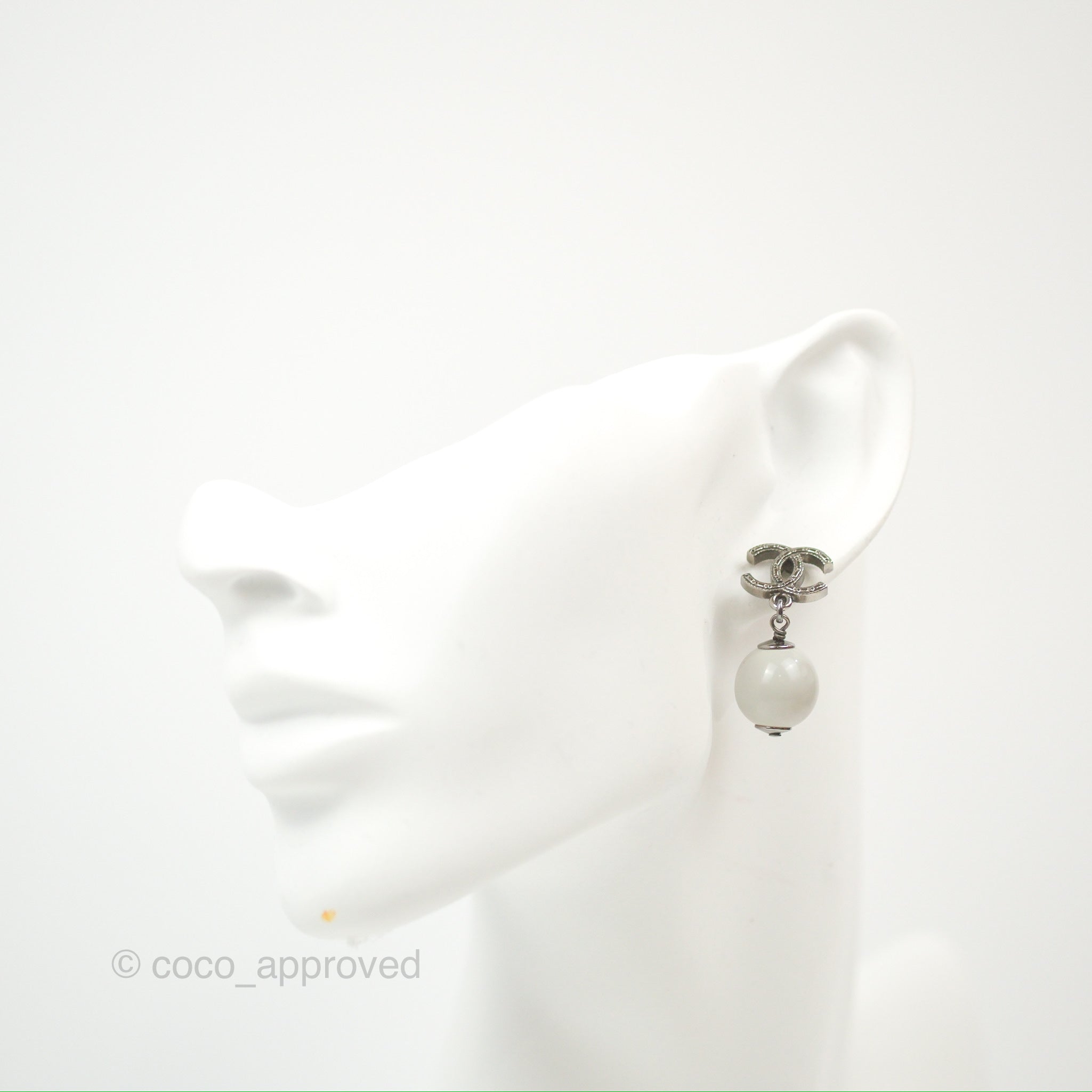 Chanel CC Pearl Drop Earrings in Gun Metal - Luxury Fashion Jewelry for Women | Perfect for Parties, Weddings & Special Occasions