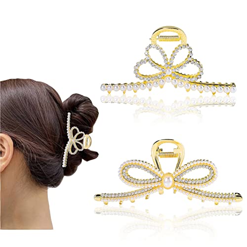 2PCS Large Hair Claw Clips - 4.4 Inch Gold Metal Non-Slip Hair Clamps with Pearl Accents for Women, Strong Hold Hair Accessories (White) - Perfect for Updos, Ponytails and Everyday Hairstyles