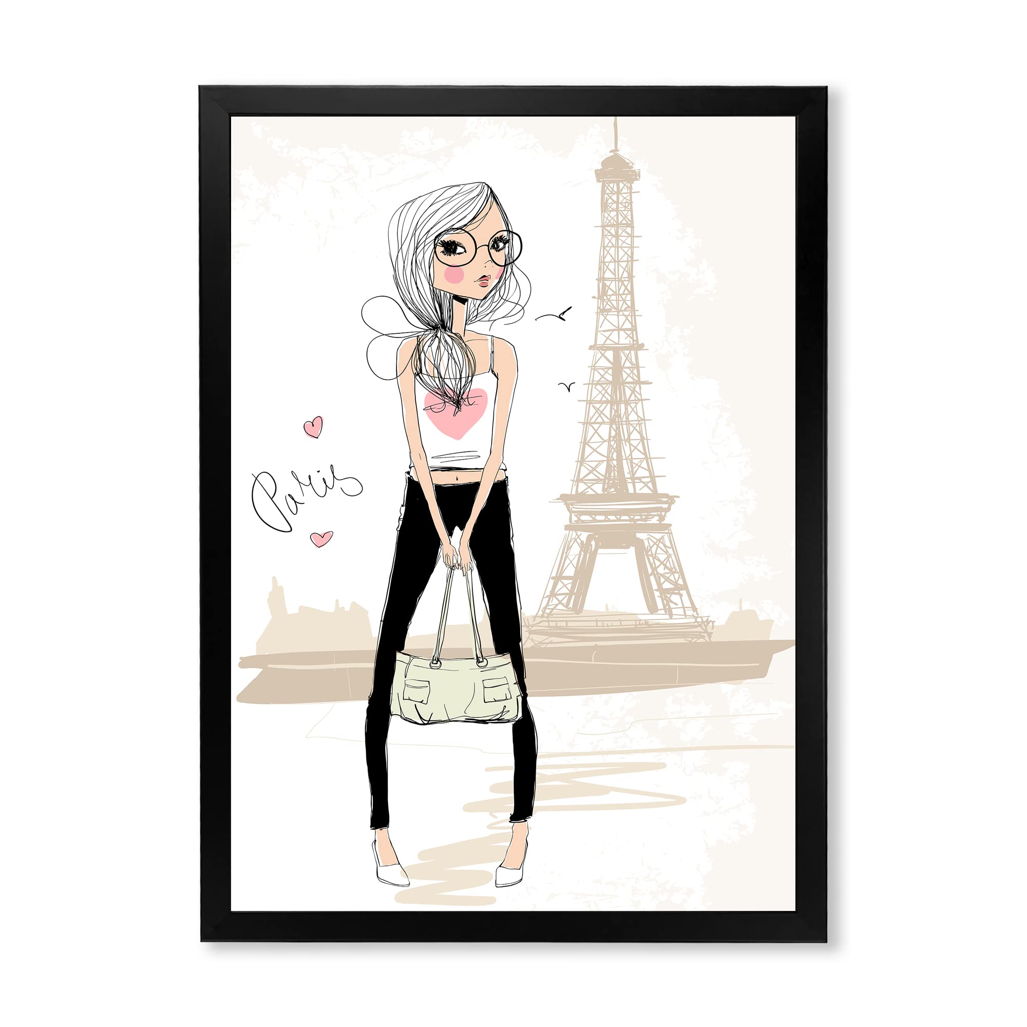 DesignQ Cute Girl at Eiffel Tower Paris - Children's Art Framed Wall Decor for Nursery, Bedroom & Playroom - French Themed Kids Room Artwork