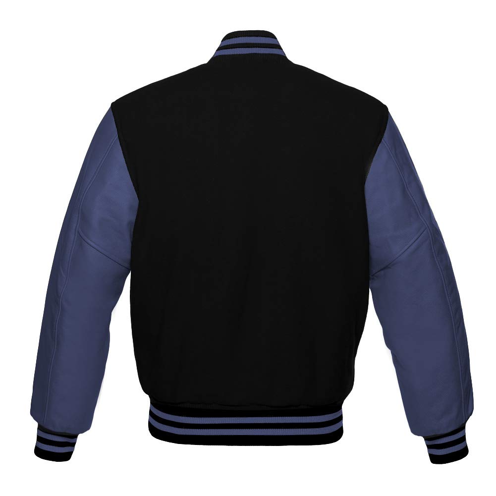 Varsity Jacket Men's Baseball Letterman Bomber Jacket - Black Wool Body & Navy Blue Genuine Leather Sleeves | High School & College Style for Sports Teams, Casual Wear & Vintage Fashion