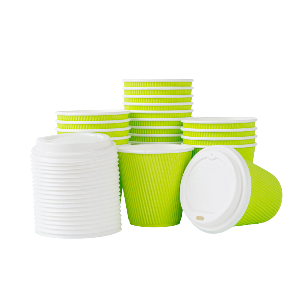 Eco-Friendly 8 oz Paper Ripple Wall Coffee Cups with White Lids - 3.5