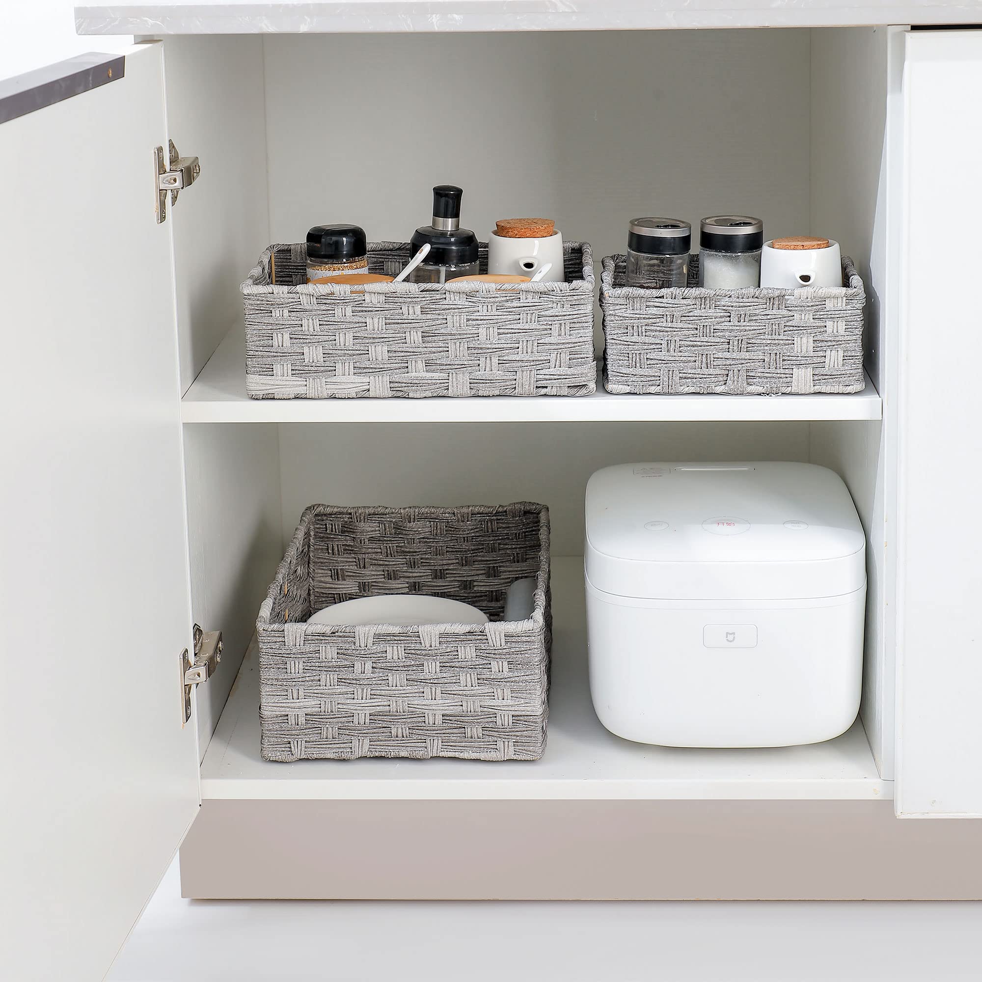 Woven Storage Basket - Bathroom Organizer for Toilet Paper, Towels & Essentials | Plastic Shelf Organizer for Pantry, Kitchen, Toys & Clothes | Space-Saving Home Decor Storage Solution for Small Spaces