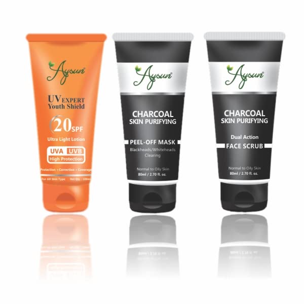 Aysun UV Expert Youth Shield SPF 20 Ultra Light Moisturizing Lotion with Charcoal Peel Off Mask & Face Scrub Set - Daily Sun Protection & Deep Pore Cleansing for Glowing Skin
