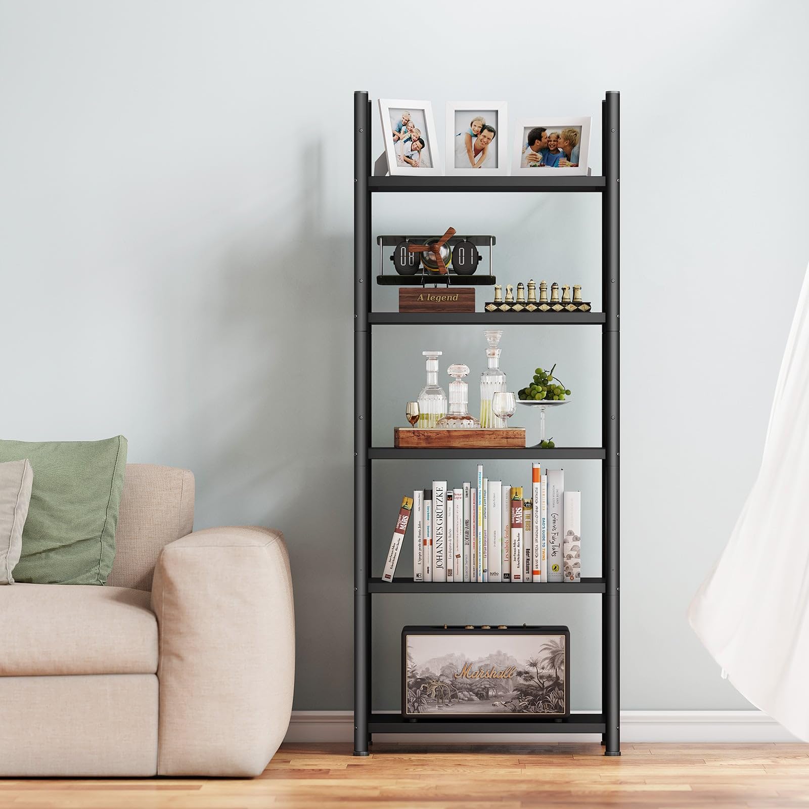 Denkee 5-Tier Heavy Duty Metal Kitchen Baker's Rack with Wheels - Free Standing Storage Shelf for Microwave, Oven, Spices & Pantry Organization (23.23