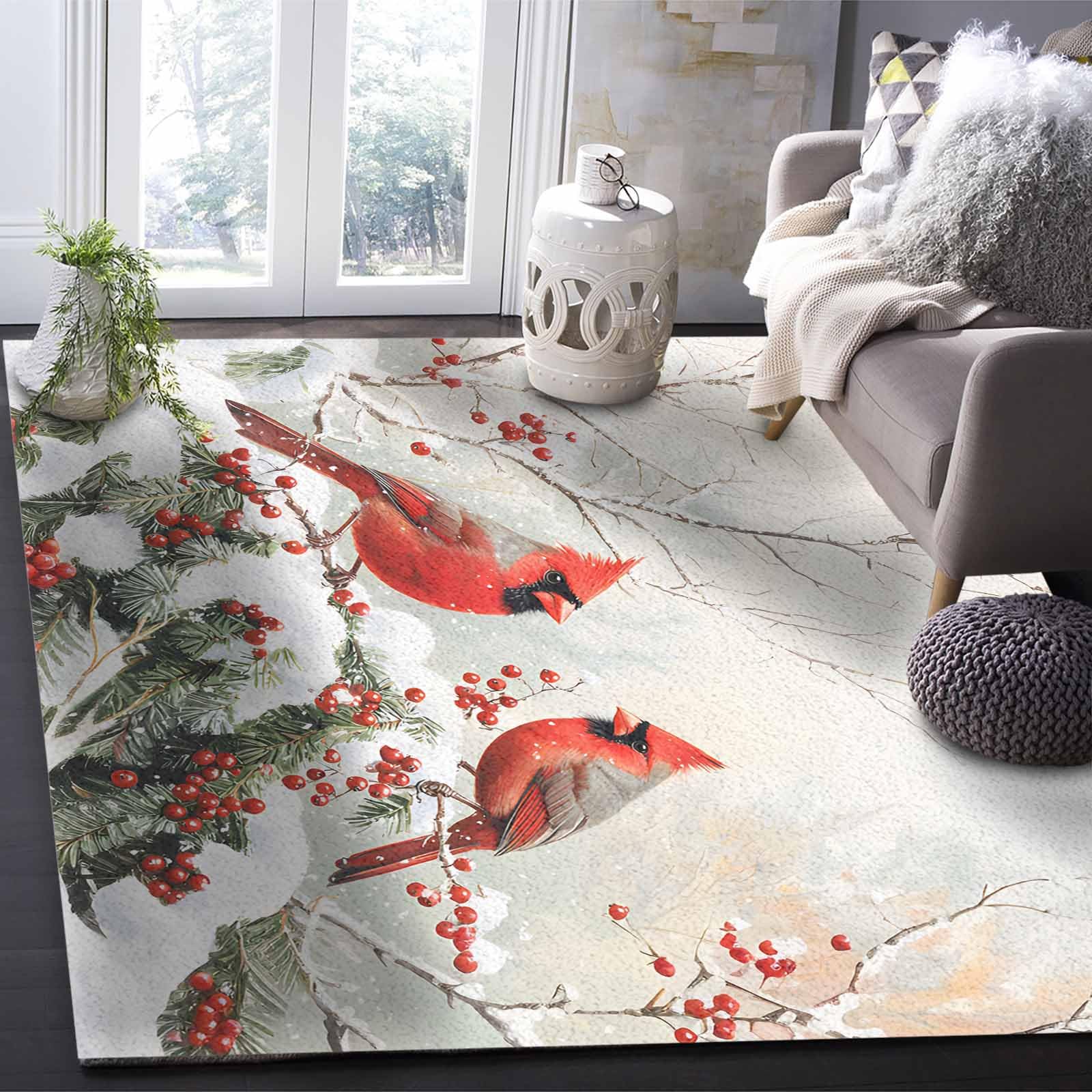 Non-Slip Christmas Indoor Area Rug - Red Birds Snowflake Berry Botanical Design - 3'x5' Kitchen Runner, Bathroom Mat for Bedroom, Living Room & Kids Room - Perfect for Holiday Decor & Cozy Home