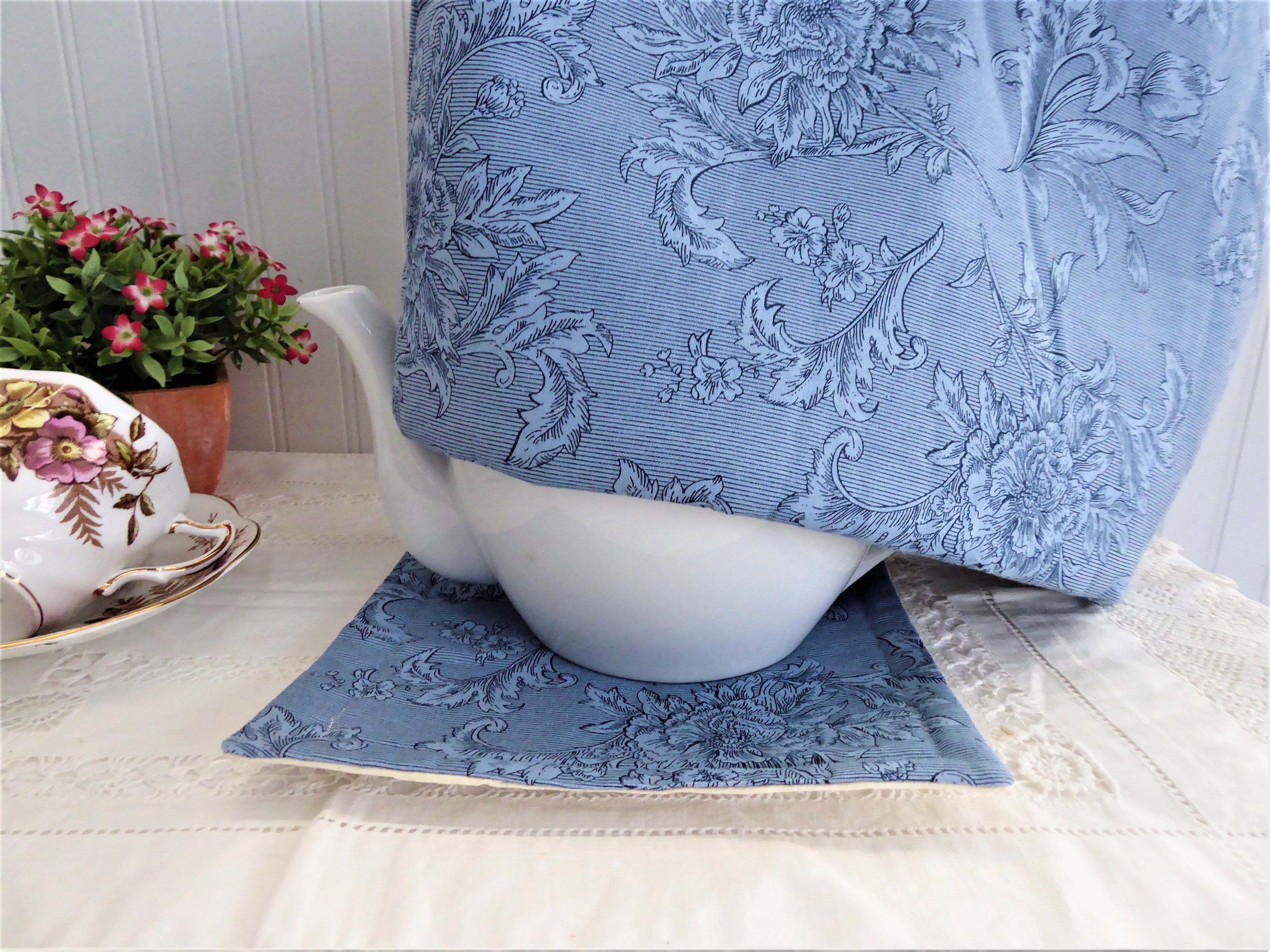 Handmade Floral Tea Cozy Set with Trivet & Mug Mat - Blue on Blue Design for Tea Lovers | Perfect for Afternoon Tea, Gifts & Cozy Kitchen Decor (1999 Collection)
