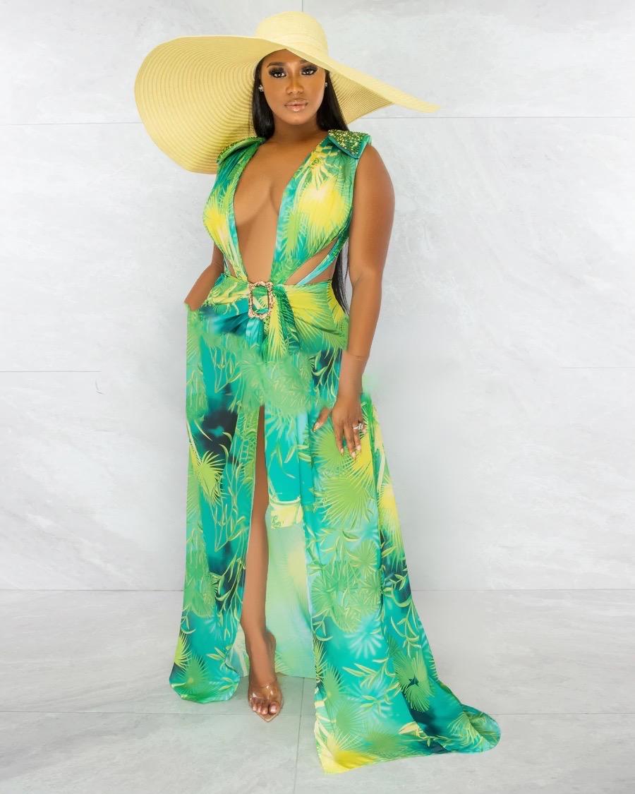 Riviera Escape Bodysuit & Skirt Set - Women's Floral Print Summer Outfit for Beach Vacation, Date Night & Party Wear