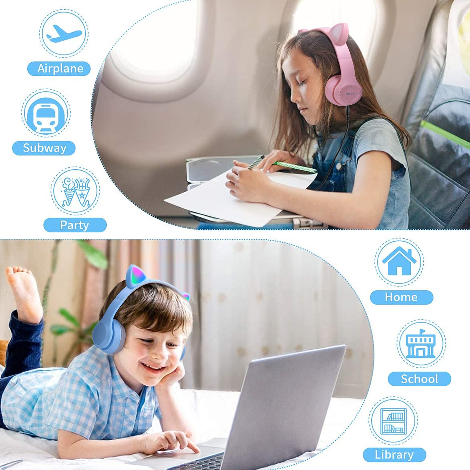 Wireless Cat Ear Headphones for Kids with LED Lights - Pink Foldable Over-Ear Headset with 3.5mm Jack & TF Card Support (3-in-1) - Perfect for School, iPad, Tablet, Travel & Home Use