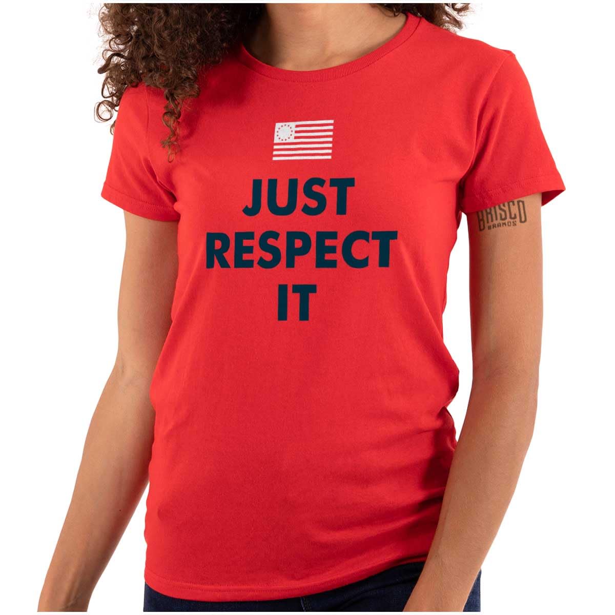 Brisco Brands Just Respect It Colonial America Flag Women's Graphic Tee - Vintage Patriotic T-Shirt for Casual Wear & 4th of July Celebrations