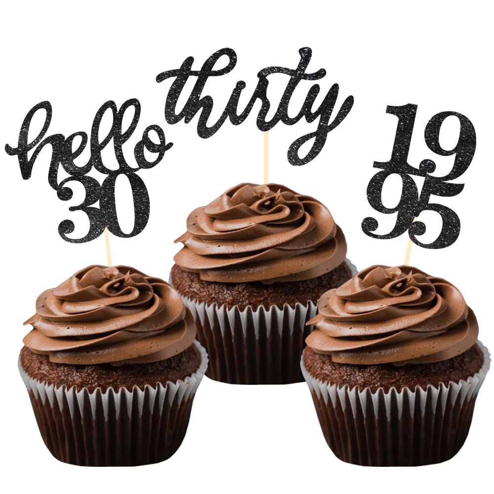 24 Pcs Black Glitter 30th Birthday Cupcake Toppers - Elegant 30th Anniversary Party Decor for Weddings, Birthdays & Celebrations - Perfect for Cake, Cupcake & Dessert Decorations