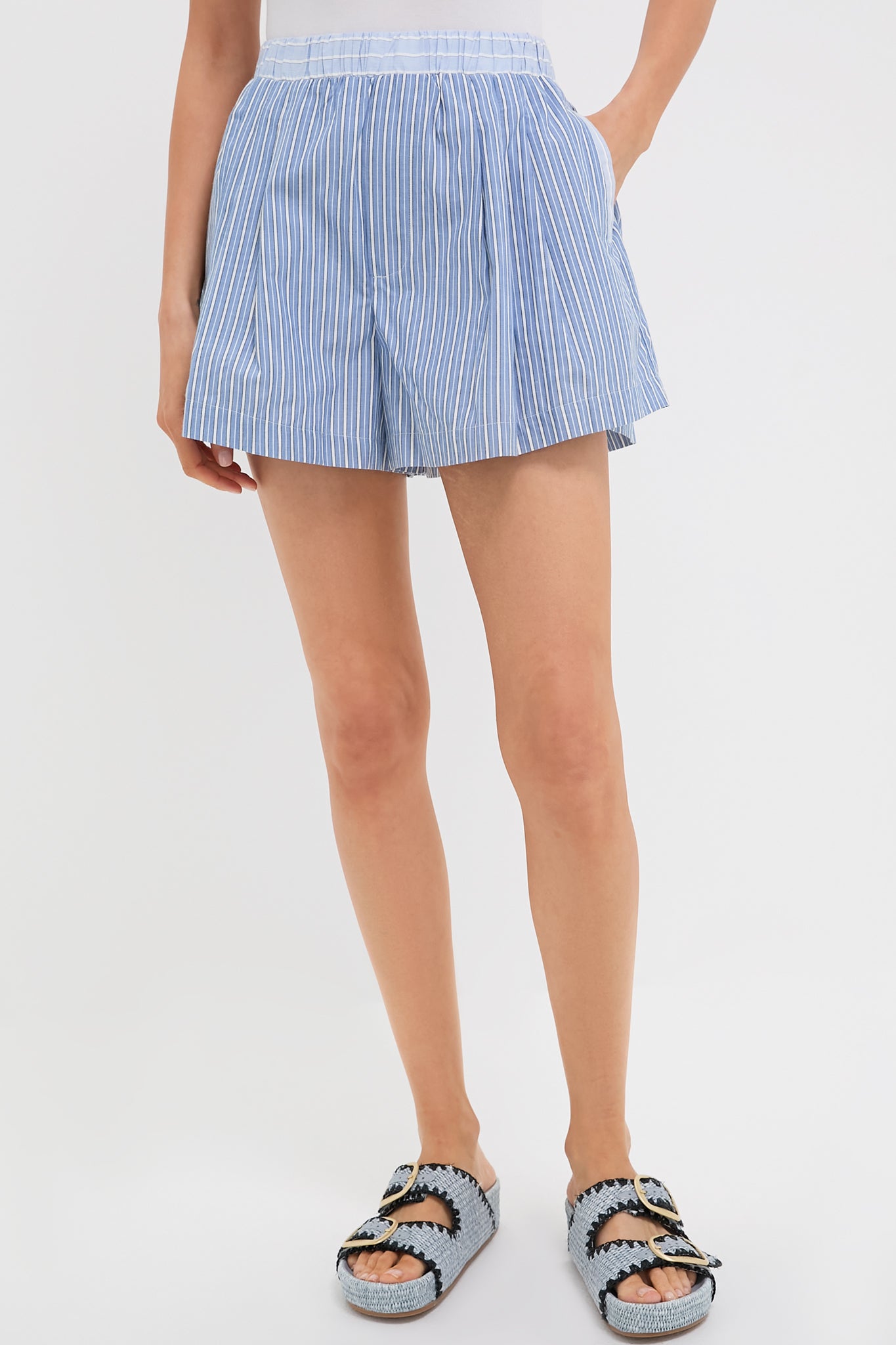 Blue Helmi Striped Cotton Pleated Shorts for Women - Casual Summer Outfits & Beach Vacations