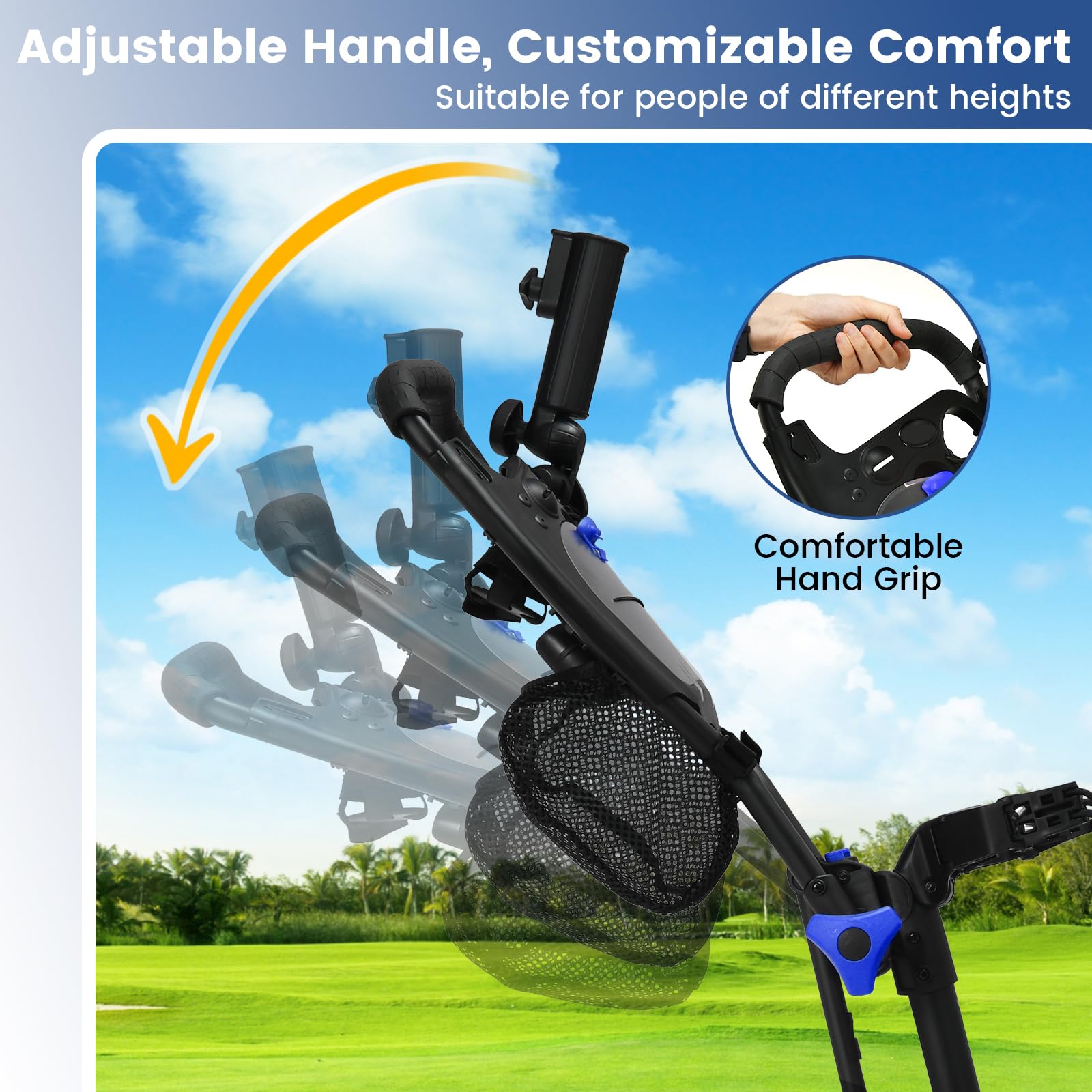 ULTIMATE 3 Wheel Golf Push Cart - Lightweight Folding Golf Trolley with Scorecard Holder, Cup Holder, Umbrella Holder & Golf Bag Holder | Includes Mesh Storage Bag, Upper/Lower Brackets with Elastic Straps, Foot Brake & Adjustable Handle | Perfect for Golf Courses, Driving Ranges & Outdoor Practice