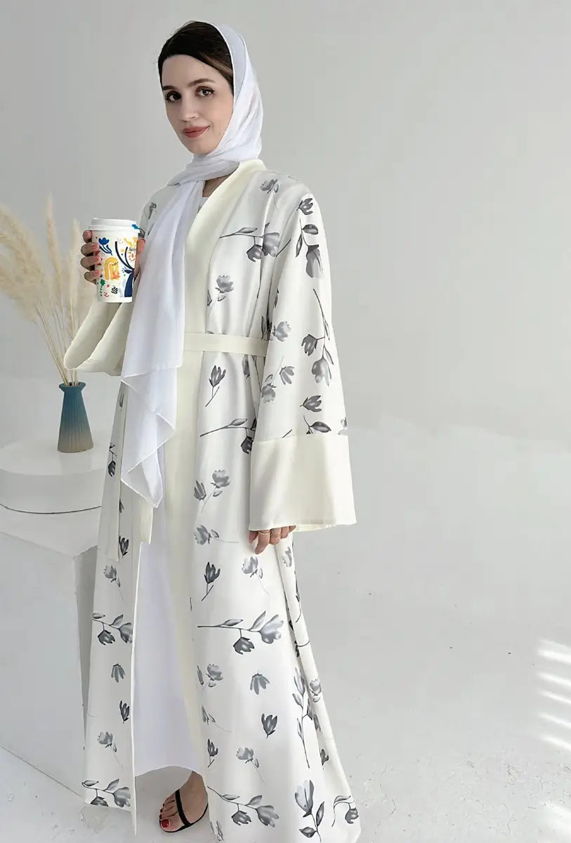 Elegant Muslim Women's Printed Open Abaya Dress - Modest Islamic Fashion for Prayer & Daily Wear