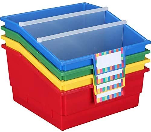 Large Plastic Book Organizer Bins with Dividers & Label Holders - 13.5