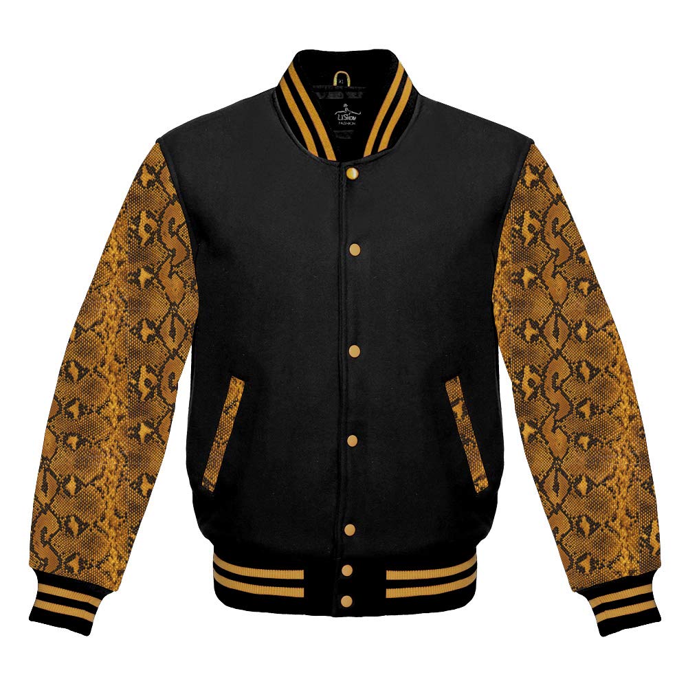 Varsity Jacket - Black Wool & Snake Skin Letterman Jacket with Cowhide Leather Sleeves | Baseball Bomber Jacket for Men | Perfect for School, Sports & Casual Wear