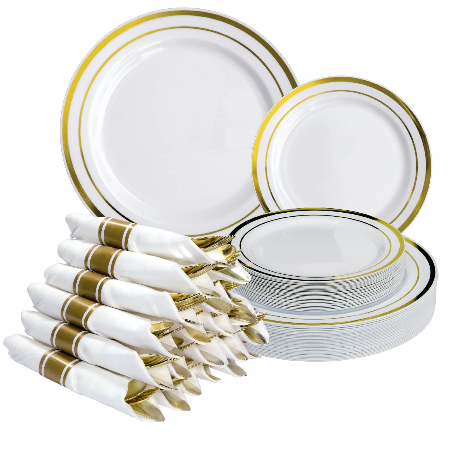Premium Pre-Wrapped Cutlery Set - 25 Sets of Fork, Knife & Spoon with Napkins - Includes 25 Small & Large Gold Plates - Perfect for Weddings, Parties & Catering Events