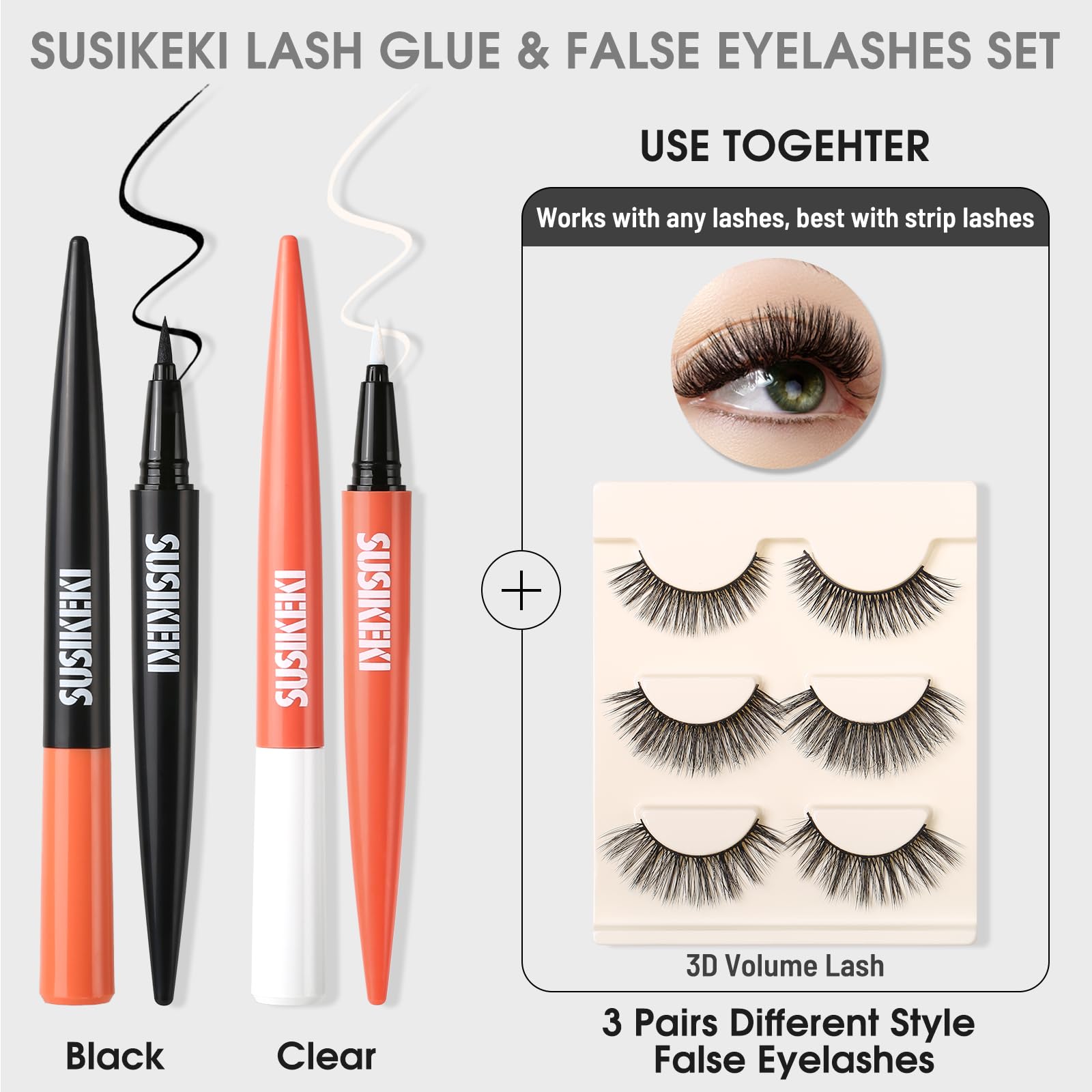 2-in-1 Black Eyelash Glue & Eyeliner Set with Clear Lash Adhesive + 3 Pairs 3D Natural False Eyelashes - Waterproof, Quick-Dry, Long-Lasting Felt Tip Pen Liner for Dramatic Eye Makeup Looks - Perfect for Parties, Weddings and Special Occasions