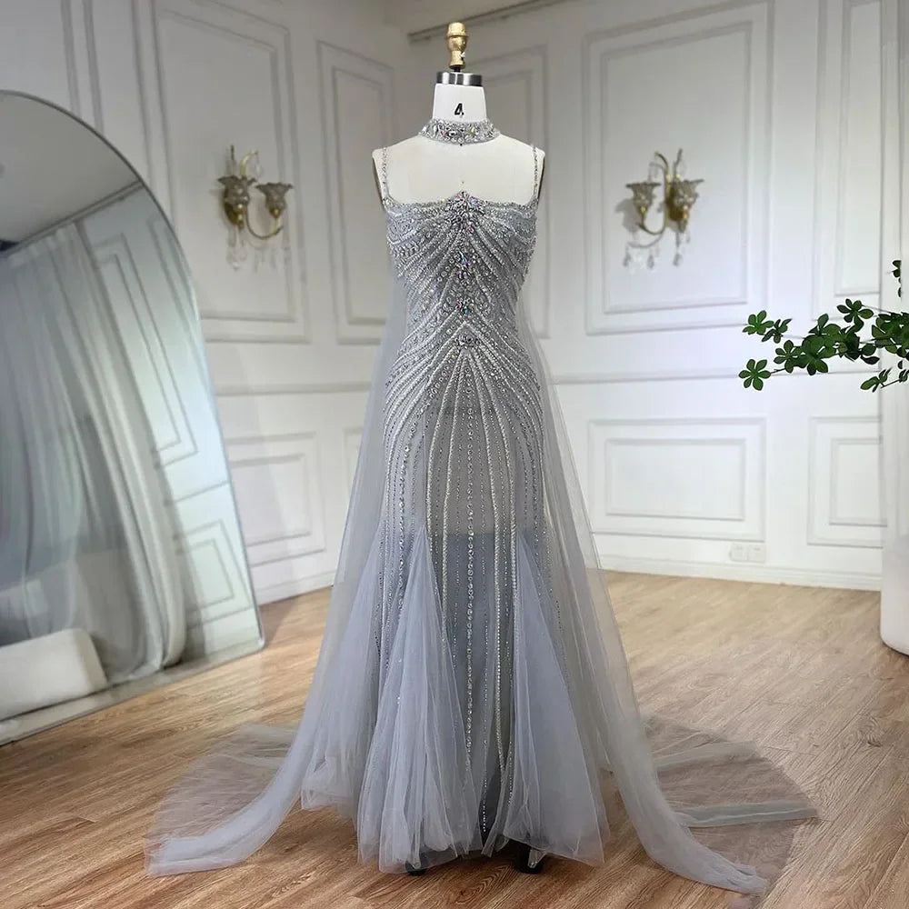Serene Hill Blue Spaghetti Strap Long Mermaid Evening Gown with Beaded Lace-Up Detail - Elegant Formal Dress for Women's Wedding, Prom, Party & Special Occasions