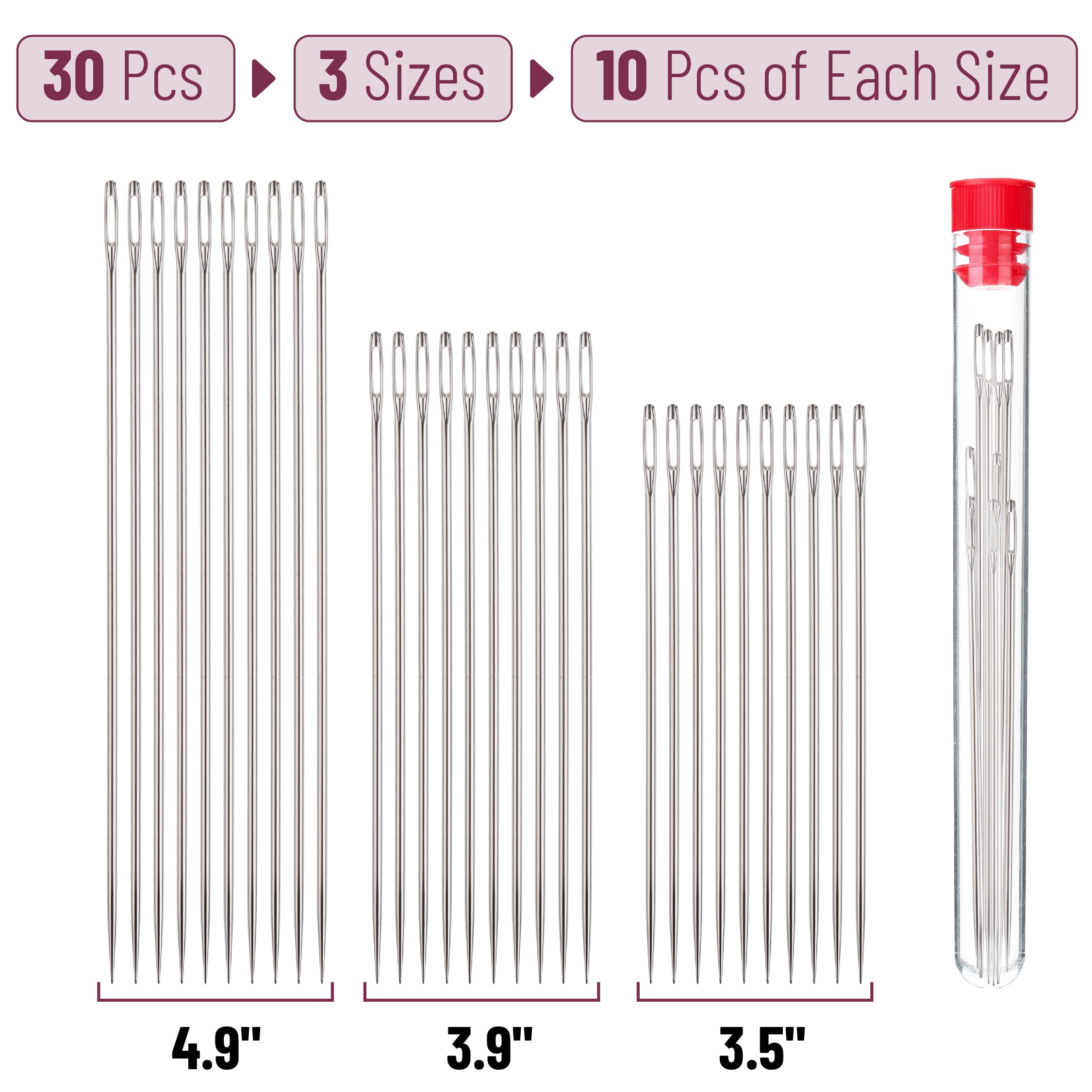Mr. Pen Large Eye Hand Sewing Needles - 30 Pack (3 Sizes) Embroidery Needles for Quilting, Cross Stitch & Fabric Crafts | Perfect for Beginners & DIY Projects