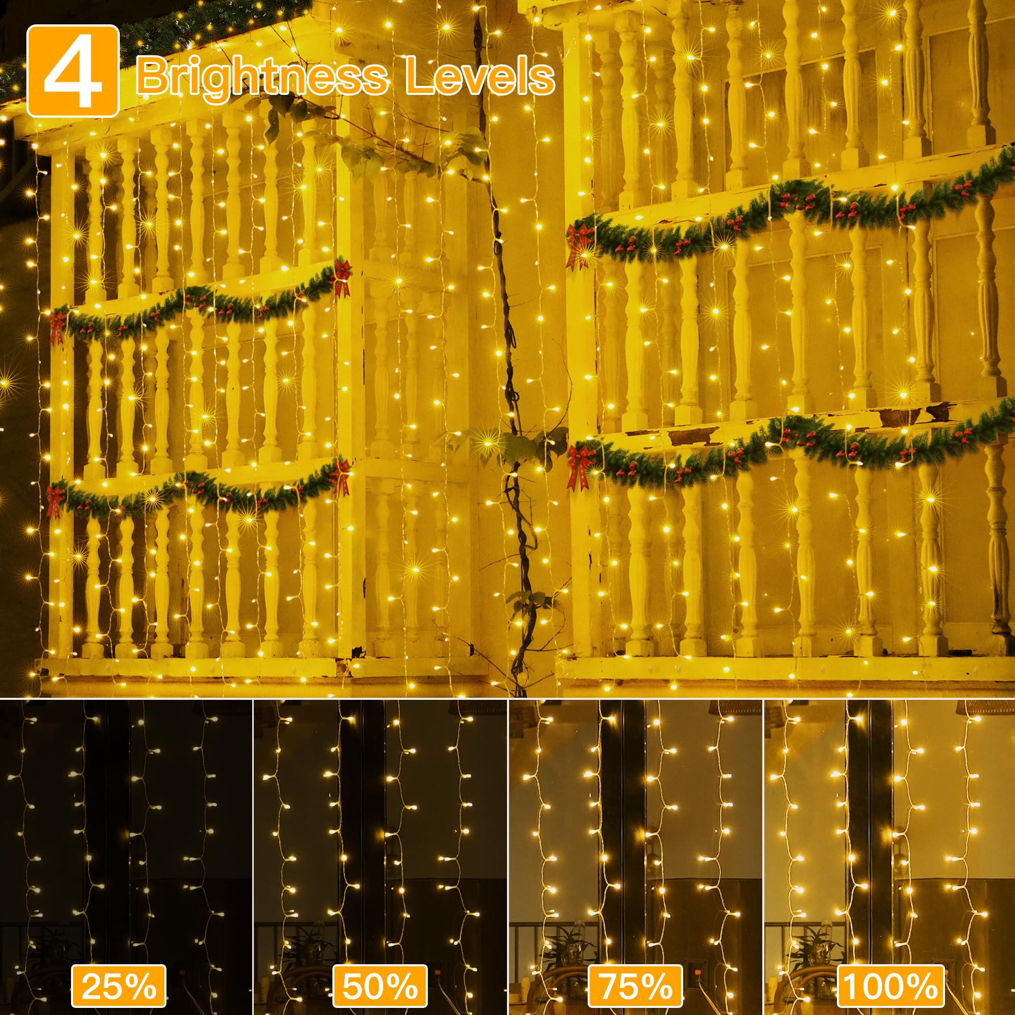 Ollny 200LED Curtain Lights 6.6x6.6ft - USB Powered Warm White Fairy String Lights with Remote, 8 Modes & Dimmable Timer - Waterproof Indoor/Outdoor Decorative Lighting for Bedroom, Wall, Window, Backdrop, Wedding, Party, Garden