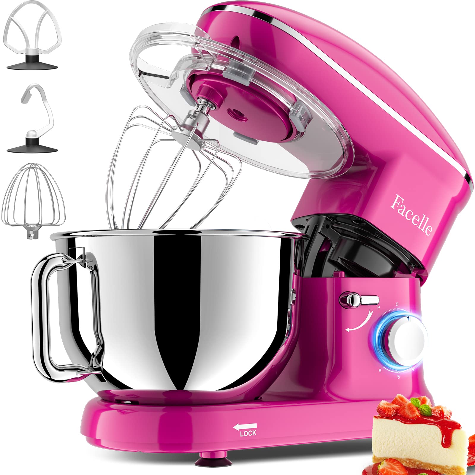 Facelle 660W 6-Speed Tilt-Head Stand Mixer with Pulse Button - 6.5QT Stainless Steel Bowl, Dough Hook, Whisk & Splash Guard - Dishwasher Safe Attachments - Purple Electric Kitchen Mixer for Baking, Cooking & Meal Prep