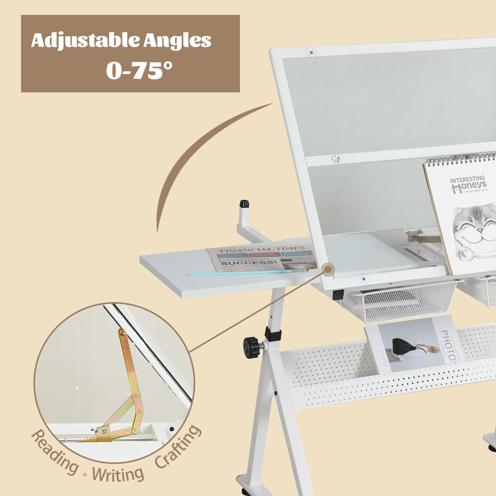 Adjustable Drafting Table with Stool - Tilting Tempered Glass Top Art Desk for Painting, Drawing & Crafting - 2 Storage Drawers, Height Adjustable White Workstation (Perfect for Artists, Architects & Hobbyists)