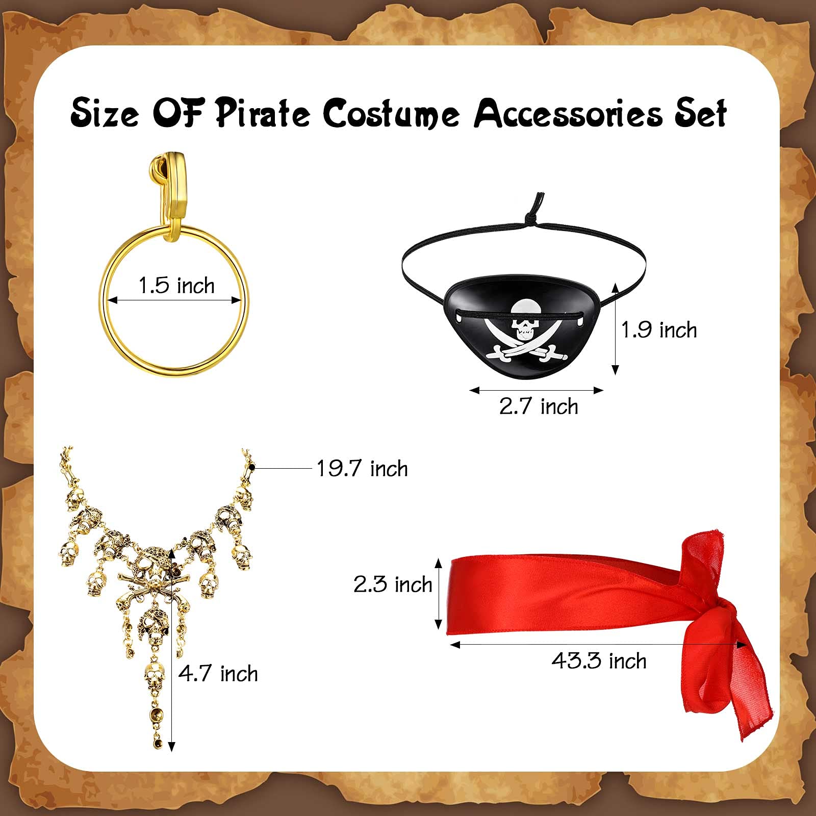 5-Piece Pirate Costume Accessories Set - Eye Patch, Sword, Hat, Hook & Earring for Halloween, Cosplay & Pirate Themed Parties - Perfect for Kids & Adults Dress Up