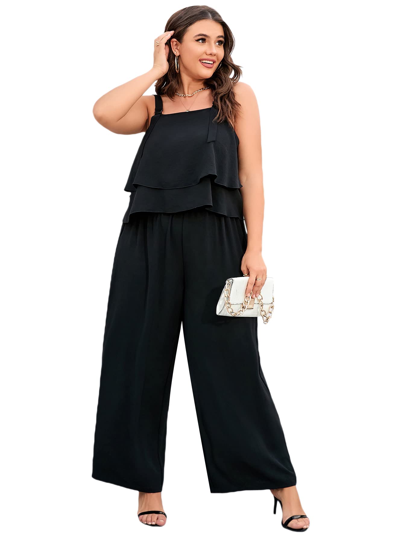 WDIRARA Women's Plus Size 2 Piece Outfit - Flowy Ruffle Cami Top & Lounge Pants Set | Casual Summer Outfit for Beach, Vacation & Everyday Wear