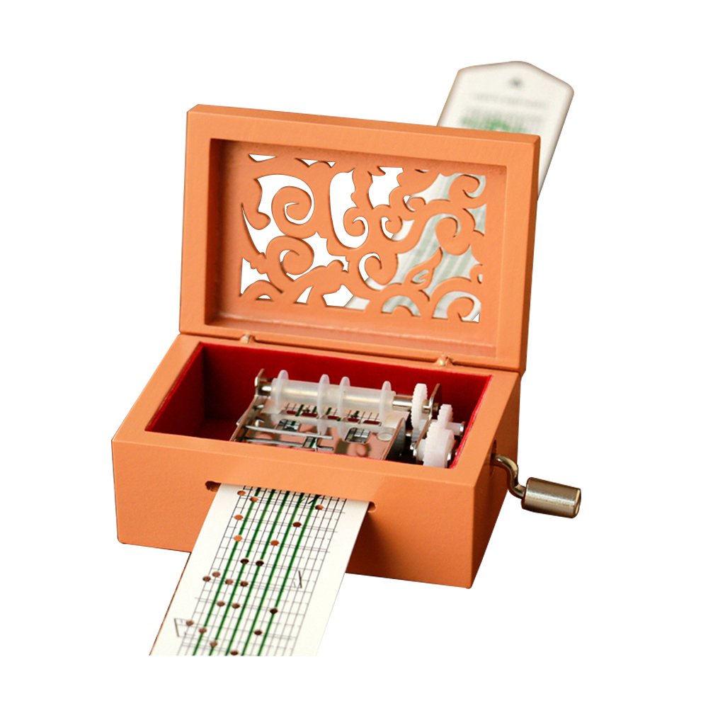 Vintage Hand-Cranked Carved Wood Music Box - 15-Note Orange Musical Gift Box for Home Decor, Wedding Favors & Romantic Gifts