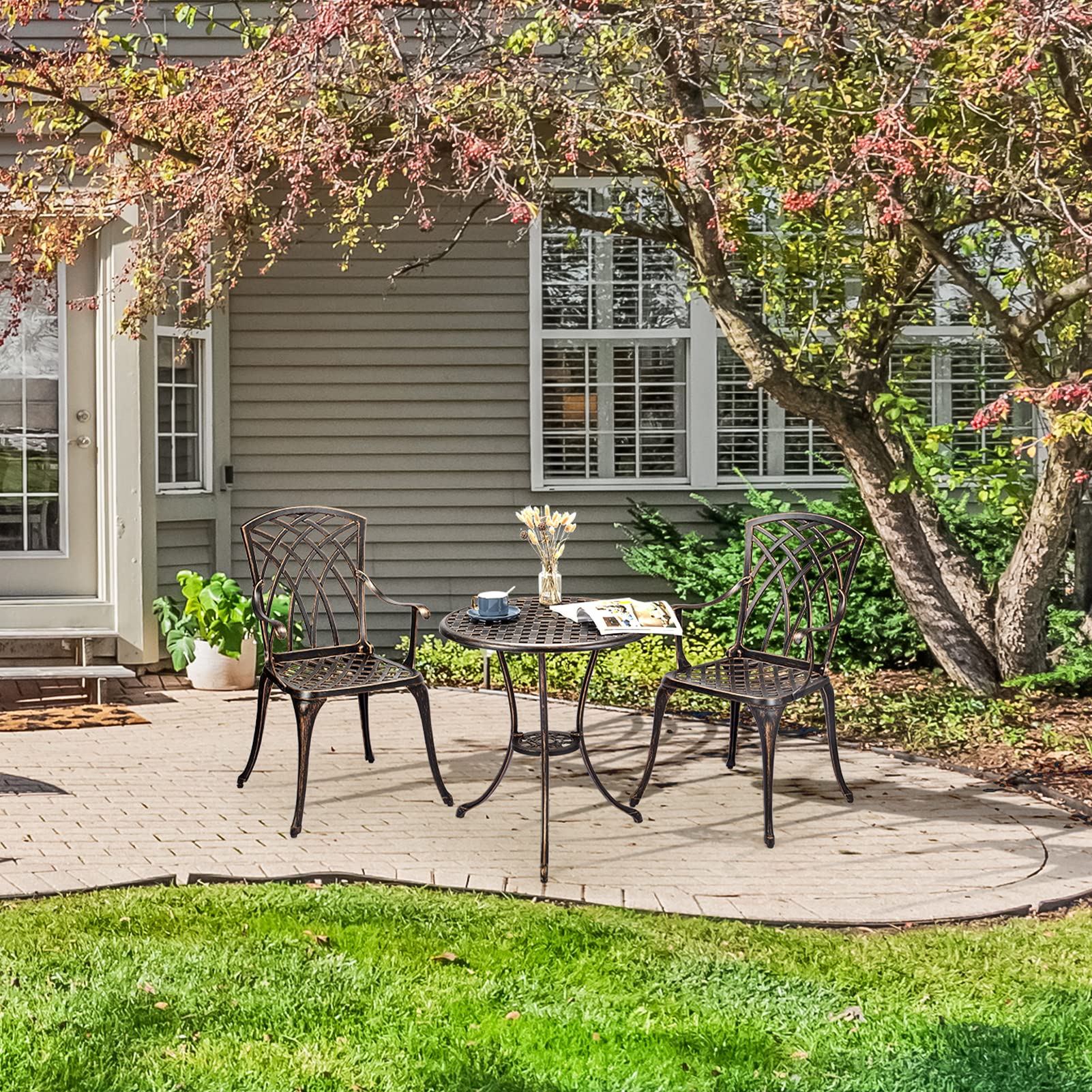 IDEALHOUSE 3-Piece Cast Aluminum Patio Bistro Set with Umbrella Hole - Rust-Resistant Outdoor Dining Table and Chairs for Garden, Backyard, Balcony - Indoor/Outdoor Use - Perfect for Morning Coffee, Outdoor Dining and Relaxing in Your Patio
