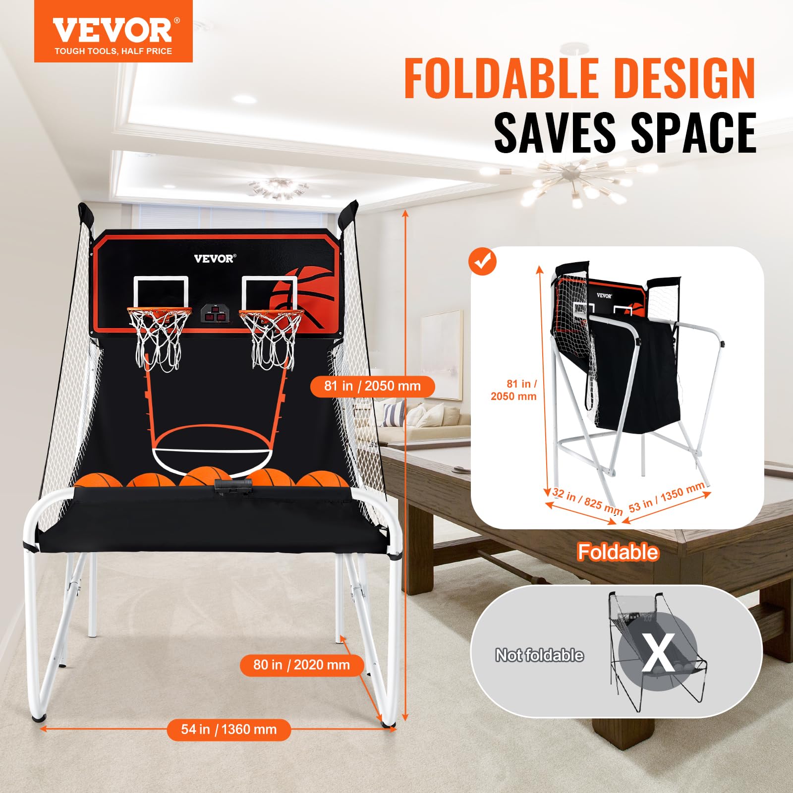 VEVOR 2 Player Basketball Arcade Game - Indoor Electronic Basketball Hoop with 8 Game Modes, Scoreboard & Air Pump - Fun Home Sports Game for Kids & Adults - Perfect for Game Rooms, Parties & Family Entertainment