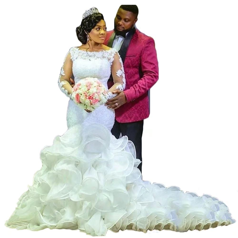 Elegant Long Sleeve Mermaid Wedding Dress with Beaded Lace & Ruffled Train - African Inspired Bridal Gown for Bride | Perfect for Beach Weddings, Church Ceremonies, and Formal Evening Receptions