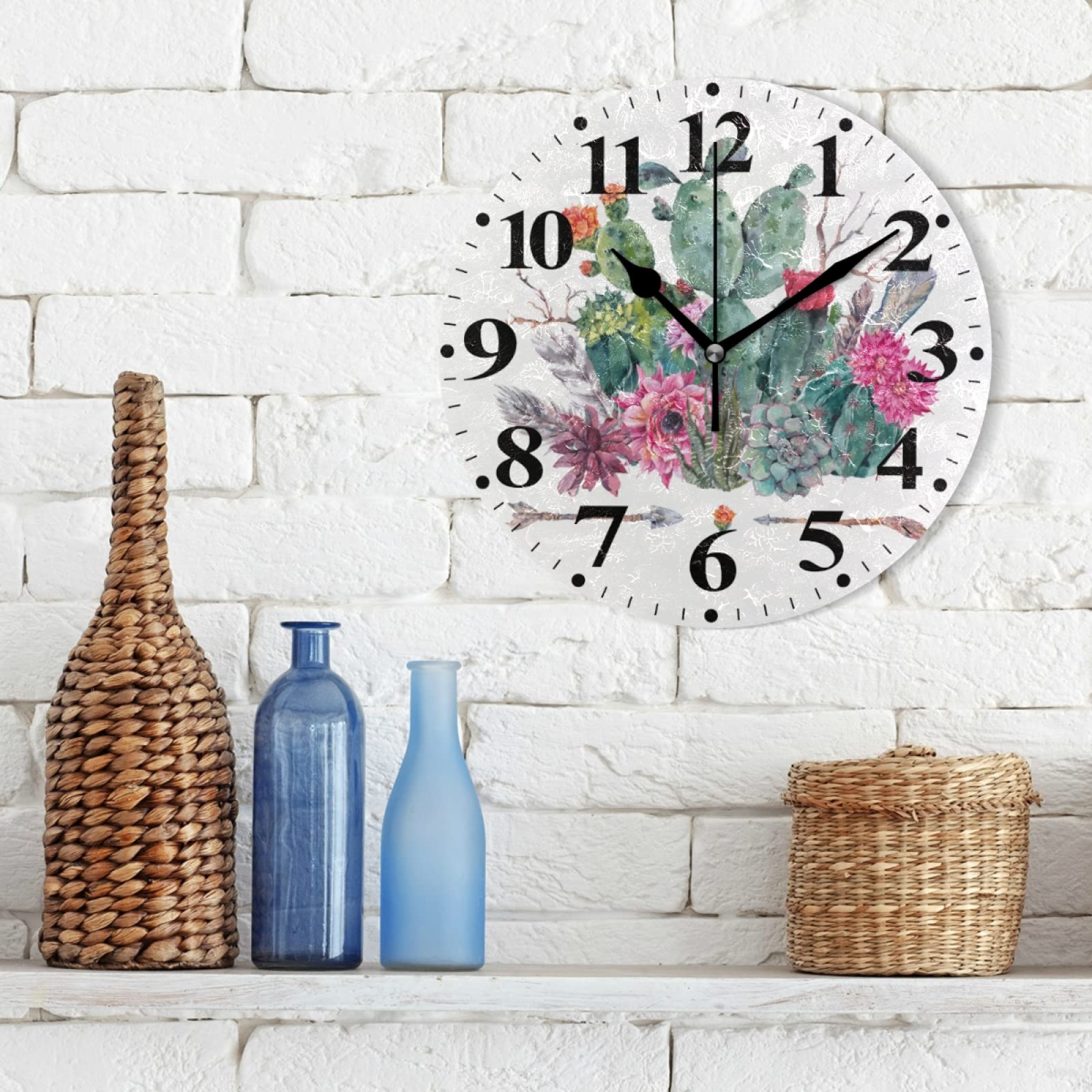 Boho Cactus Flower Printed Round Wall Clock - 9.8 Inch Battery Operated Home Decor for Living Room, Bedroom & Office - Unique Desert-Themed Wall Art for Home & Workspace