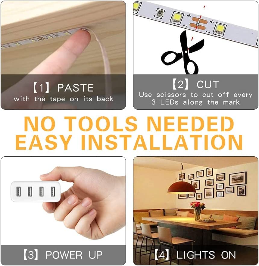 Kanemc 16.4ft Motion Sensor LED Strip Lights - Warm White USB-Powered Rope Lighting with Day/Night Modes, Dimmable & Cuttable Design + 10 Free Cable Clips - Perfect for Under Cabinet Lighting, Bedroom Decor, and Staircase Safety