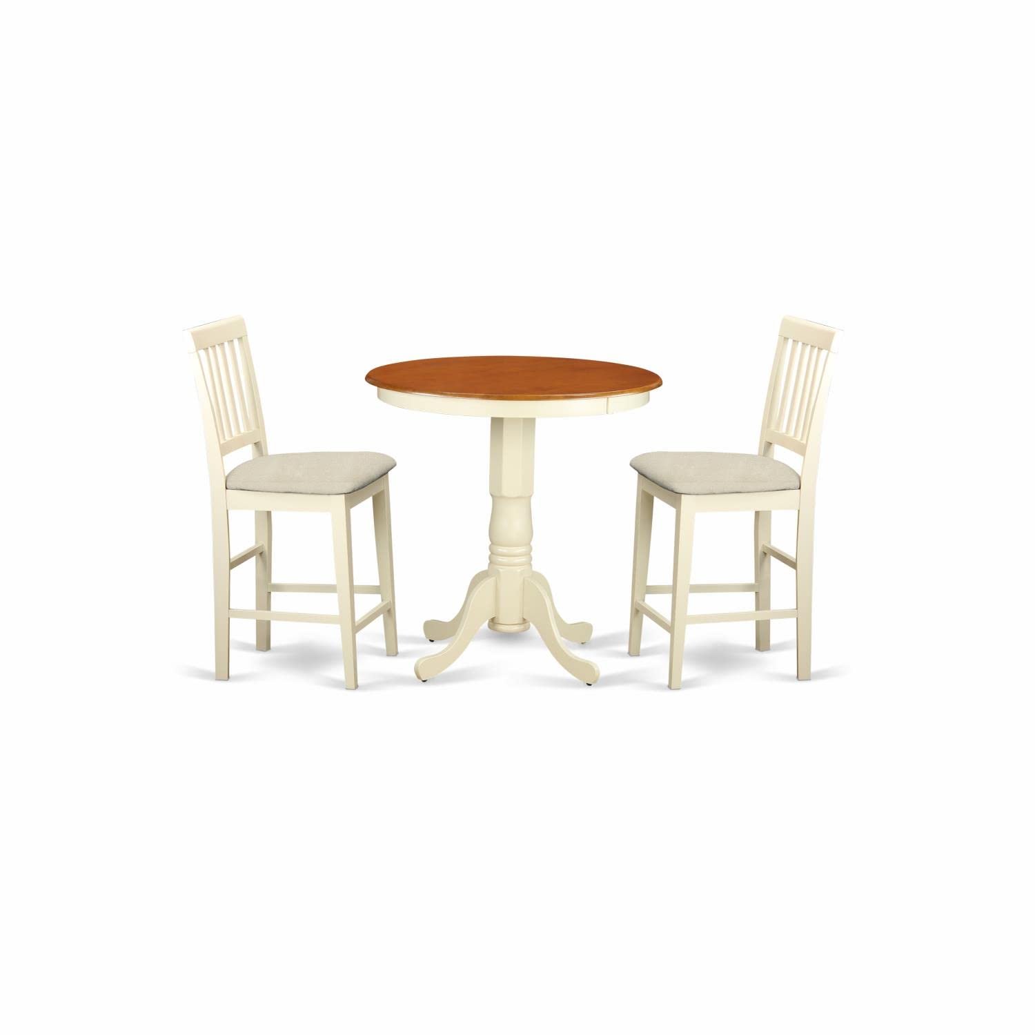 East West Furniture 3-Piece Kitchen Counter Height Dining Set - 30x30 Inch Round Table with Pedestal Base & 2 Upholstered Chairs in Buttermilk & Cherry | Perfect for Small Spaces, Breakfast Nooks, and Apartment Dining Areas
