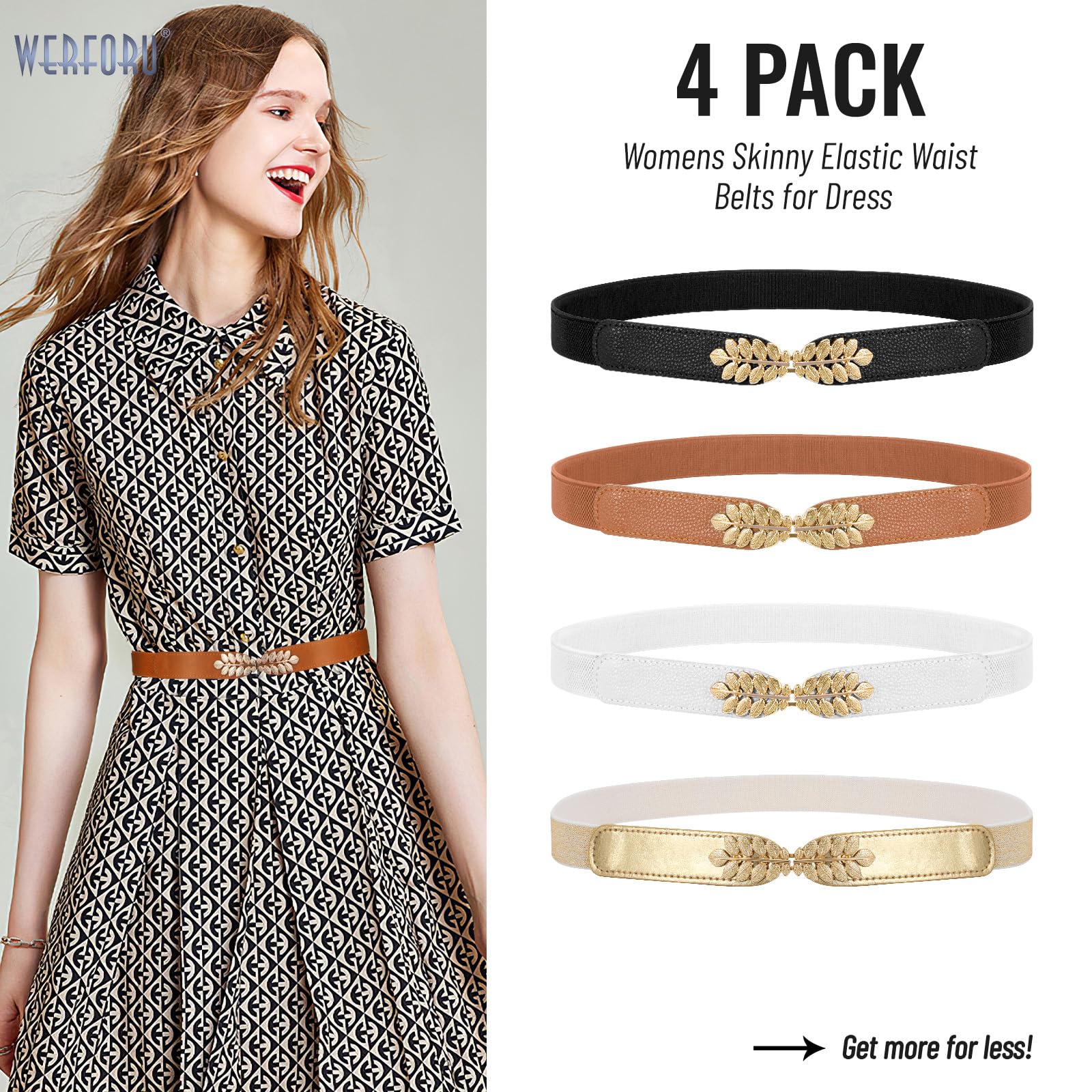 WERFORU 4 Pack Women's Stretchy Skinny Belts - Fashion Leaf Alloy Buckle Thin Waist Belt for Dresses, Pants & Jeans - Perfect for Casual, Office & Party Outfits