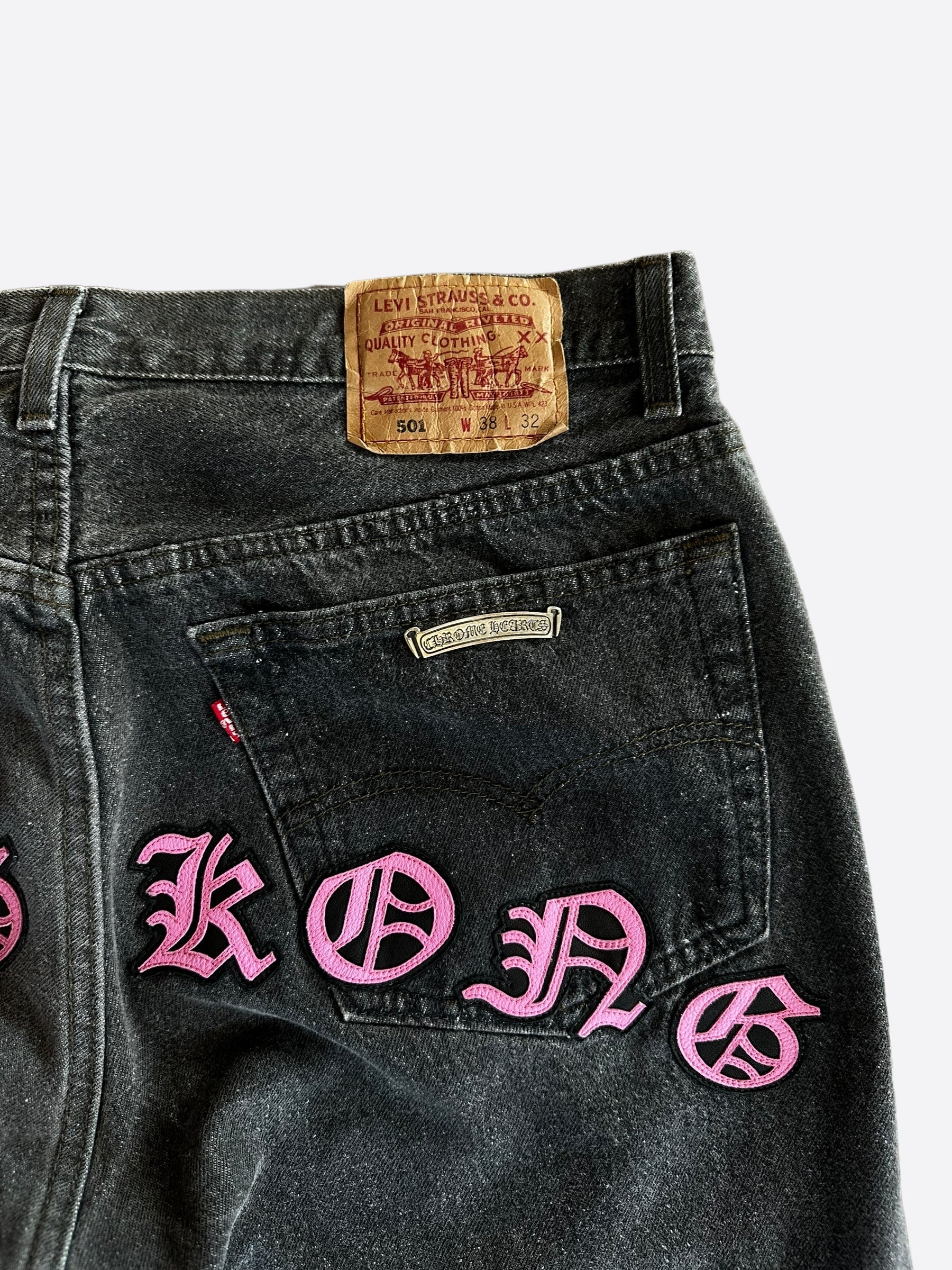 Chrome Hearts x Levi's Grey & Pink Hong Kong Patch Distressed Jeans for Men & Women | Vintage Denim Pants with Unique Embroidery - Perfect for Streetwear & Casual Outfits