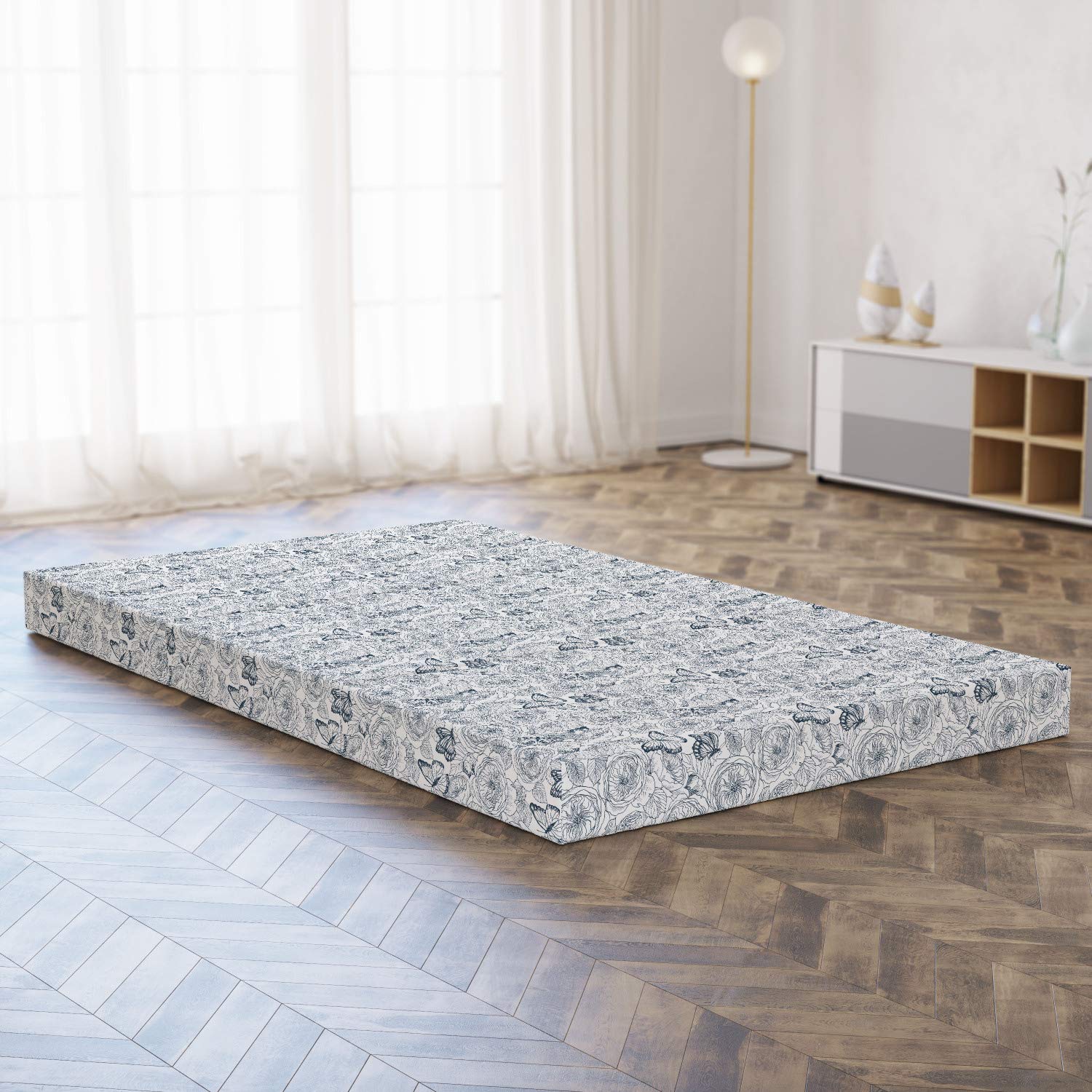 Ambesonne Floral Foldable Mattress - Sketch Butterflies & Wild Rose Design, 78.7 x 47.2 Inches, Pale Blue Purple - Perfect for Guest Beds, Camping & Small Spaces