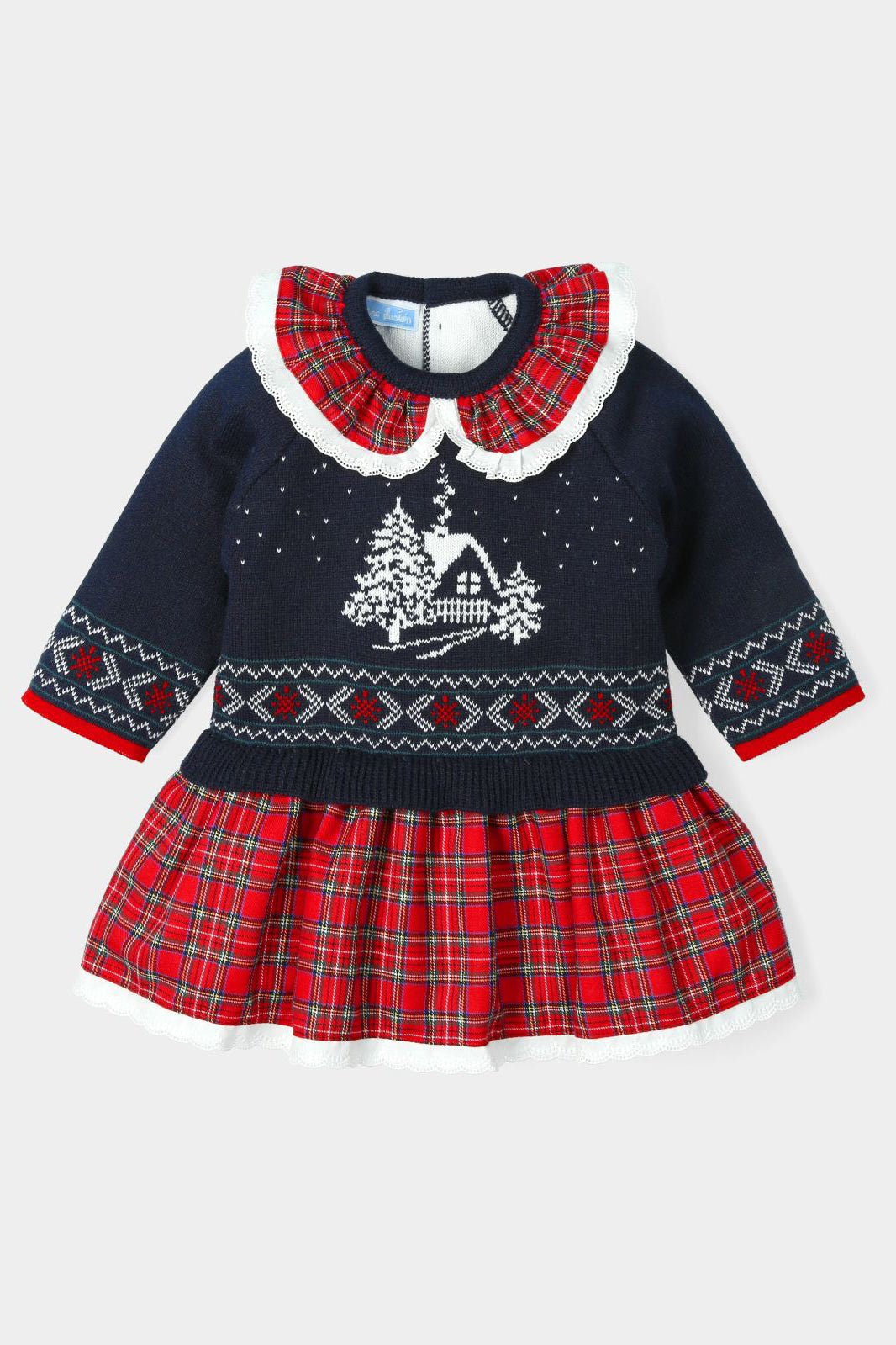 Adeline Navy & Red Knit Tartan Dress - Women's Casual Winter Plaid Dress for Holiday Parties & Christmas Gatherings