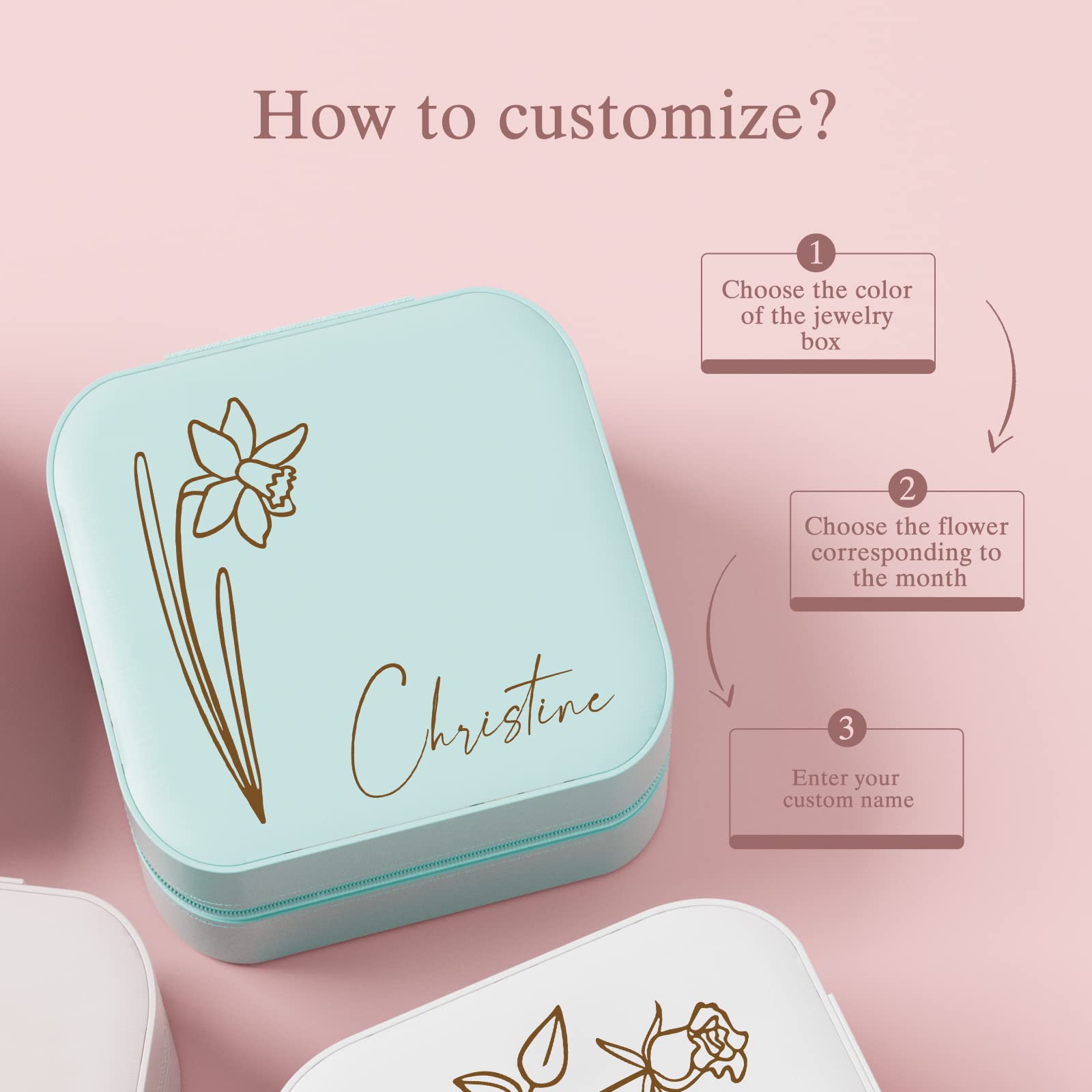 Personalized Jewelry Box for Women - Custom Travel Jewelry Organizer with Birth Flower & Name, Portable Small Jewelry Case | Perfect Bridesmaid Gifts, Wedding Gifts, Birthday & Anniversary Presents for Mom, Wife, Girlfriend | Great for Travel, Home Storage & Special Occasions