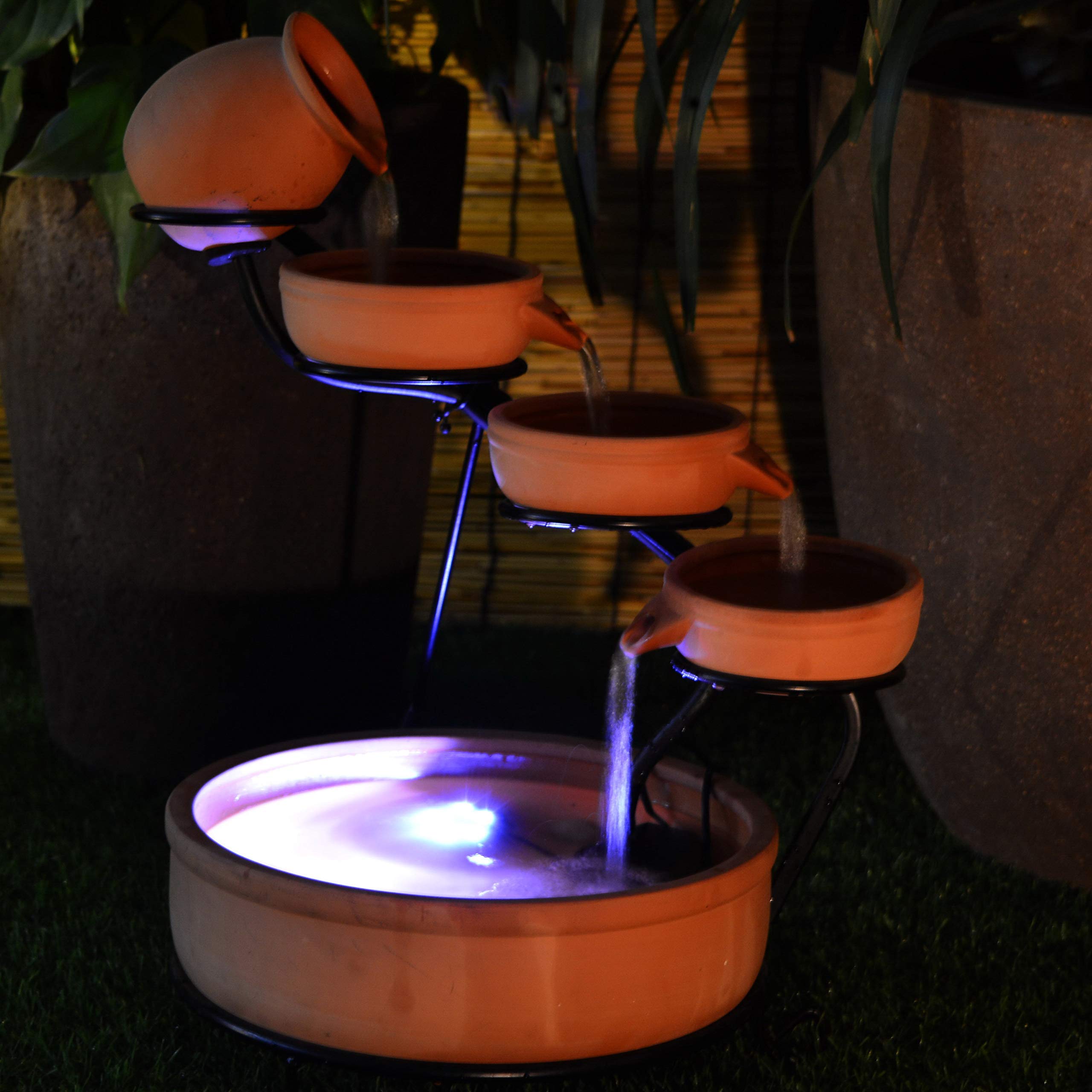 5-Tier Solar Water Fountain with Ceramic Bowls & Iron Frame - Cascading Garden Decoration for Birds - Includes Solar Panel Pump, Battery & LED Lights (Terracotta) | Perfect for Outdoor Patio, Yard Decor & Bird Bathing Spot