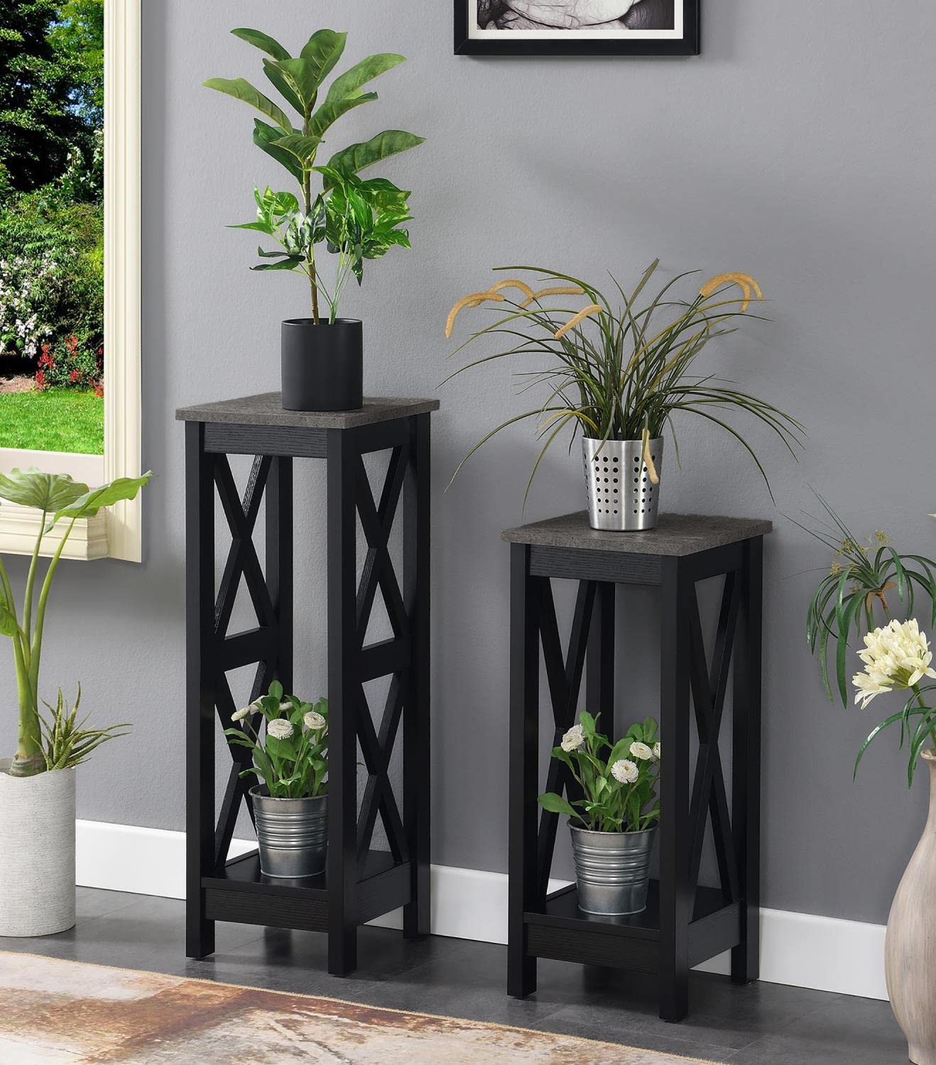 Convenience Concepts Oxford Tall Cement & Black Plant Stand - Indoor/Outdoor Flower Pot Holder for Home, Garden, Patio Decor