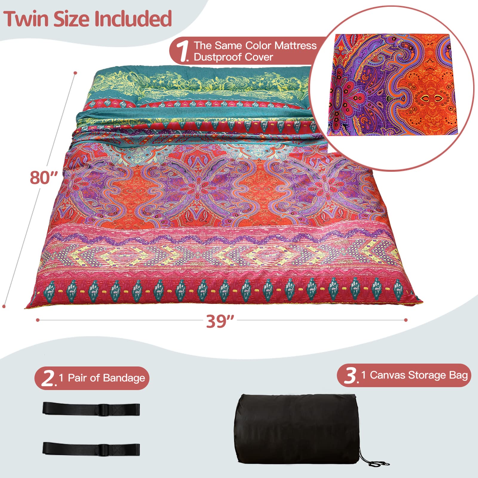 Bohemian Retro Floor Mattress - Japanese Futon Mattress with Floral Design for Bedroom, Living Room & Guest Room | Comfortable Floor Sleeping Pad for Yoga, Meditation & Camping