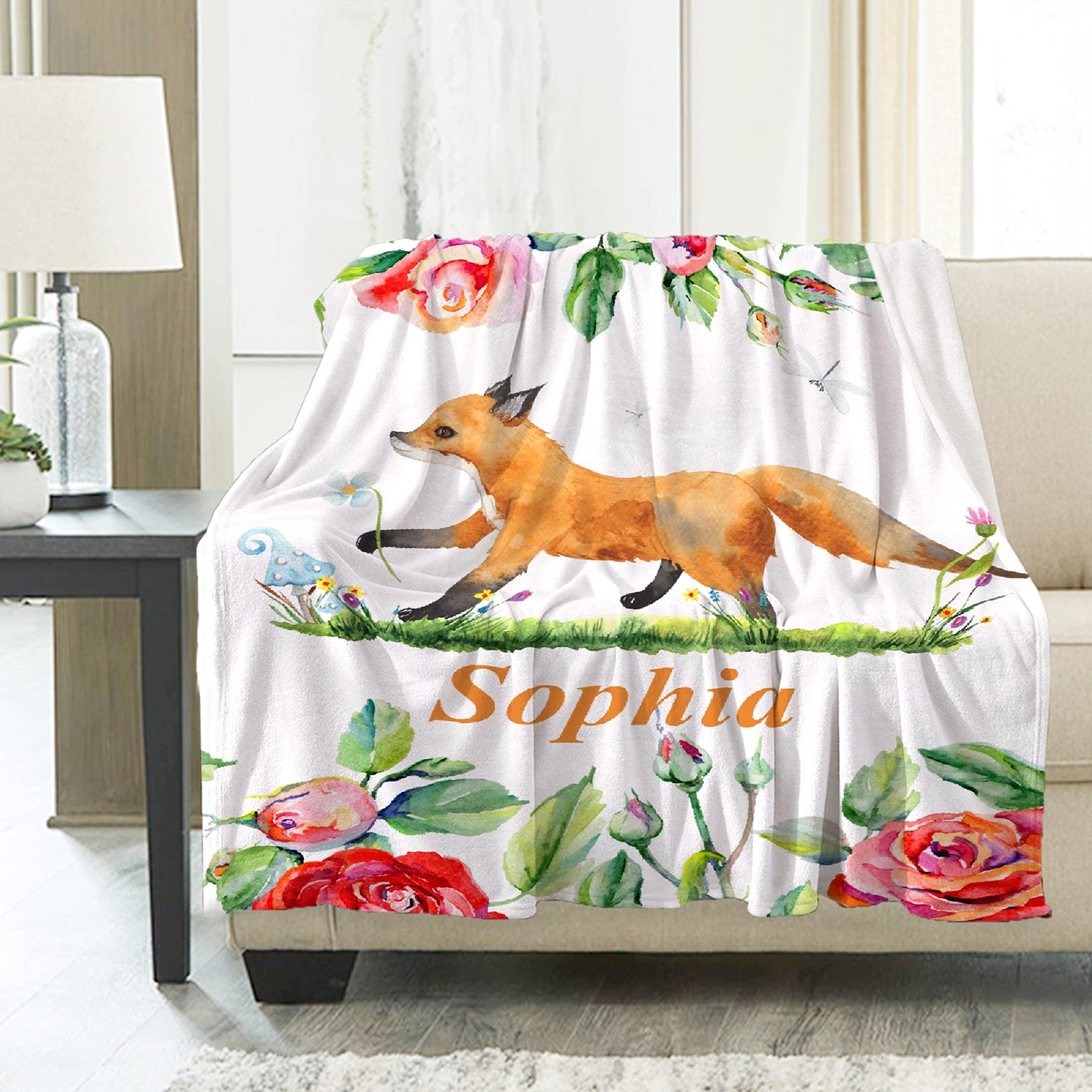 Personalized Fox Baby Blanket with Name - Ultra Soft Flannel Fleece Blanket for Boys & Girls - 90