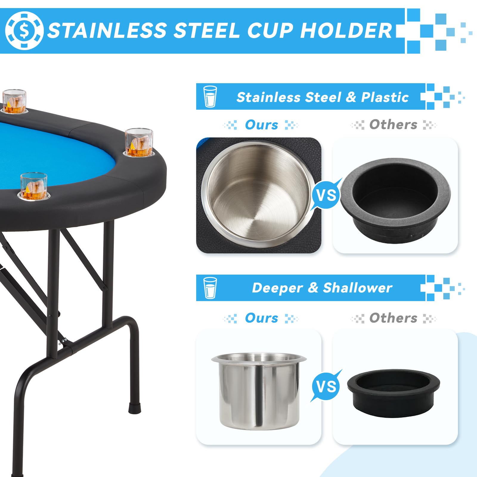 ECOTOUGE 8 Player Foldable Poker Table with Stainless Steel Cup Holders & Carry Bag - Portable Texas Holdem Poker Game Table for Casino Nights, Home Parties & Outdoor Events (Blue, No Assembly Required)