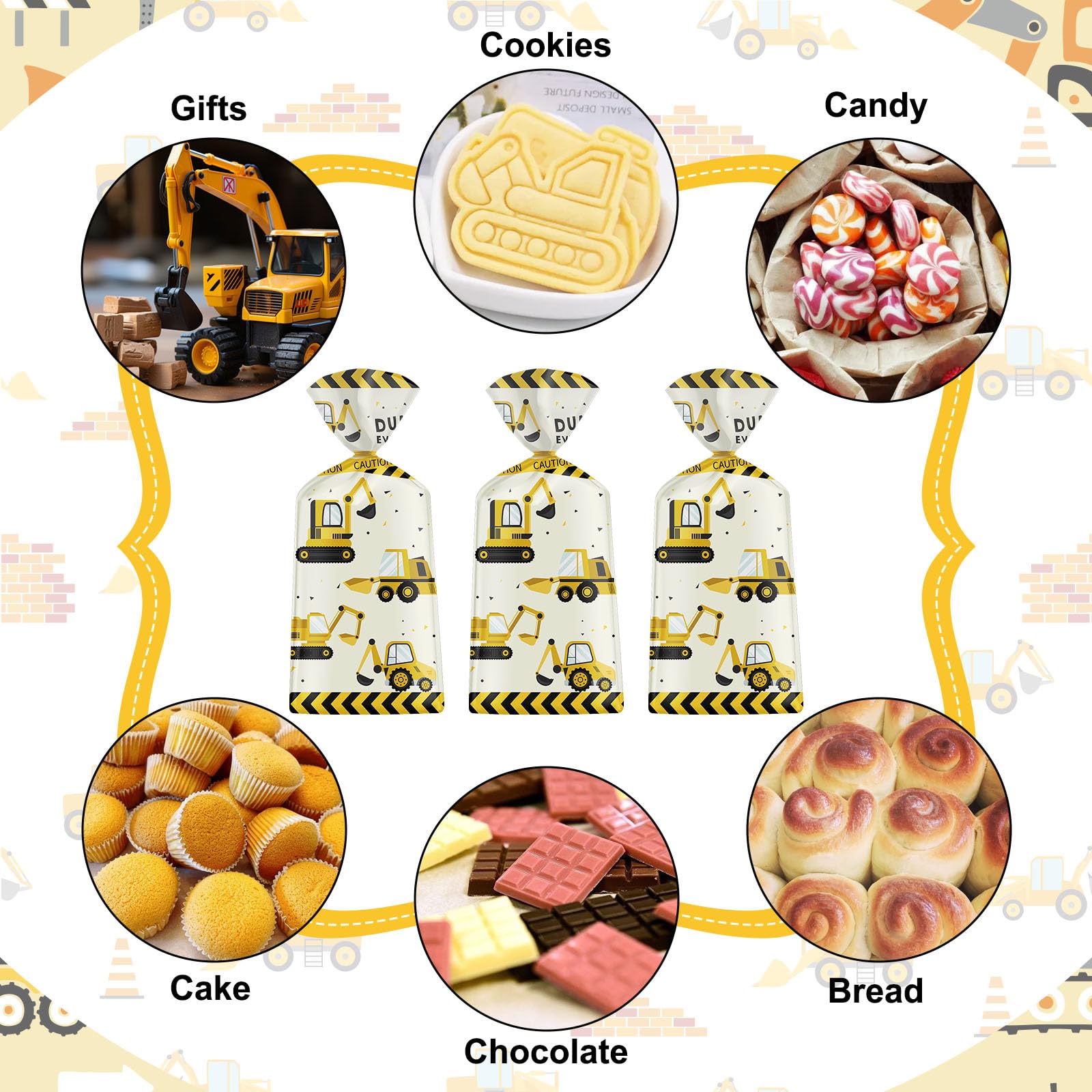 50 Pack Construction Party Favor Bags - Heavy Duty Truck Themed Cellophane Goodie Bags with Gold Twist Ties for Kids Birthday Party, Baby Shower & School Events | Construction Theme Treat Bags for Candy, Snacks & Small Gifts