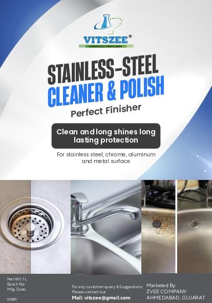 VITSZEE Stainless Steel Cleaner & Polish 1L - Removes Water Spots, Grease & Tough Stains | Safe for Appliances, Sinks & Cookware | Perfect for Kitchen, Bathroom & Outdoor Stainless Steel Surfaces