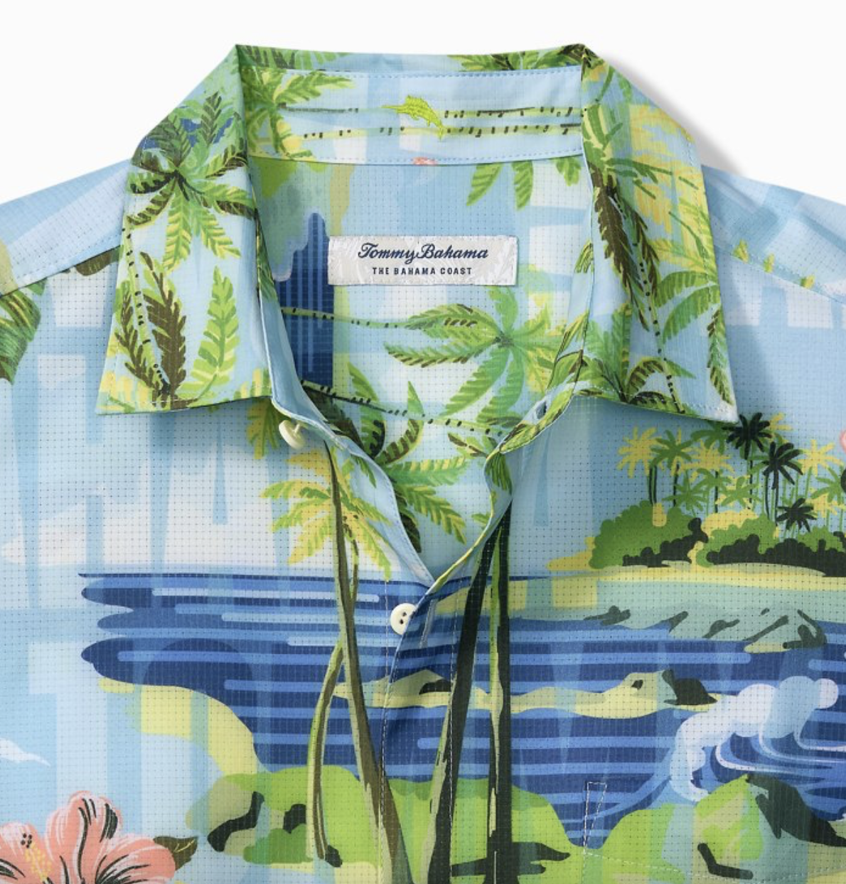 Tommy Bahama IslandZone Bahama Coast Aqua Shores Camp Shirt for Men - Lightweight Hawaiian Shirt with Infinity Pool Print - Perfect for Beach Vacations, Summer Parties & Tropical Getaways