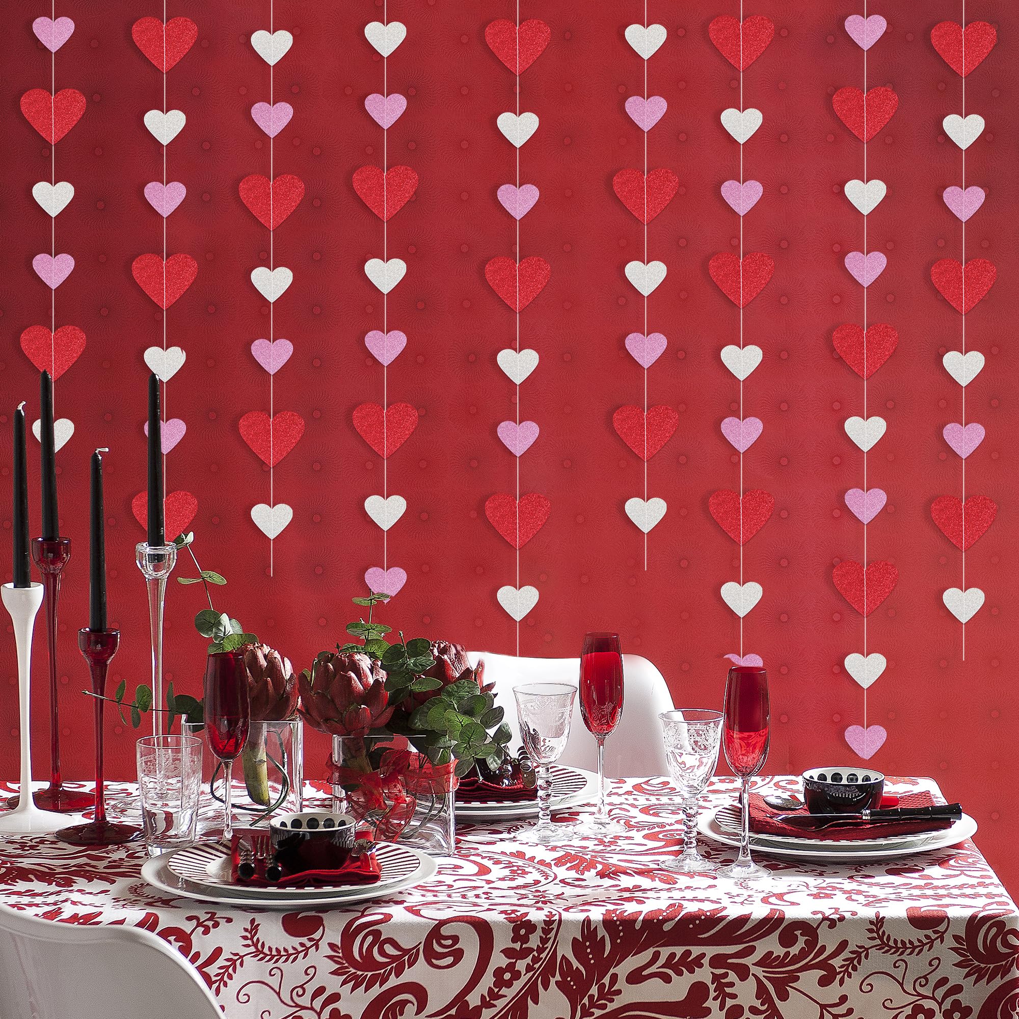 8 Packs Red Pink Silver Glitter Heart Garland String - Valentine's Day Decorations for Home, Mantle, Wedding, Anniversary & Birthday Party - Romantic Heart Banner for Wall, Ceiling, Door & Photo Backdrop