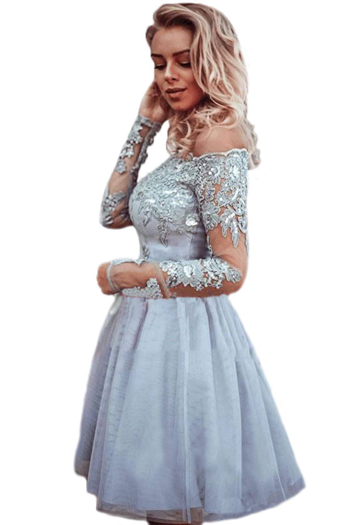2025 Homecoming Dresses for Women - Elegant Off Shoulder Long Sleeve Lace Appliques Short Prom Cocktail Party Dress (Grey) - Perfect for School Dances, Formal Events & Special Occasions